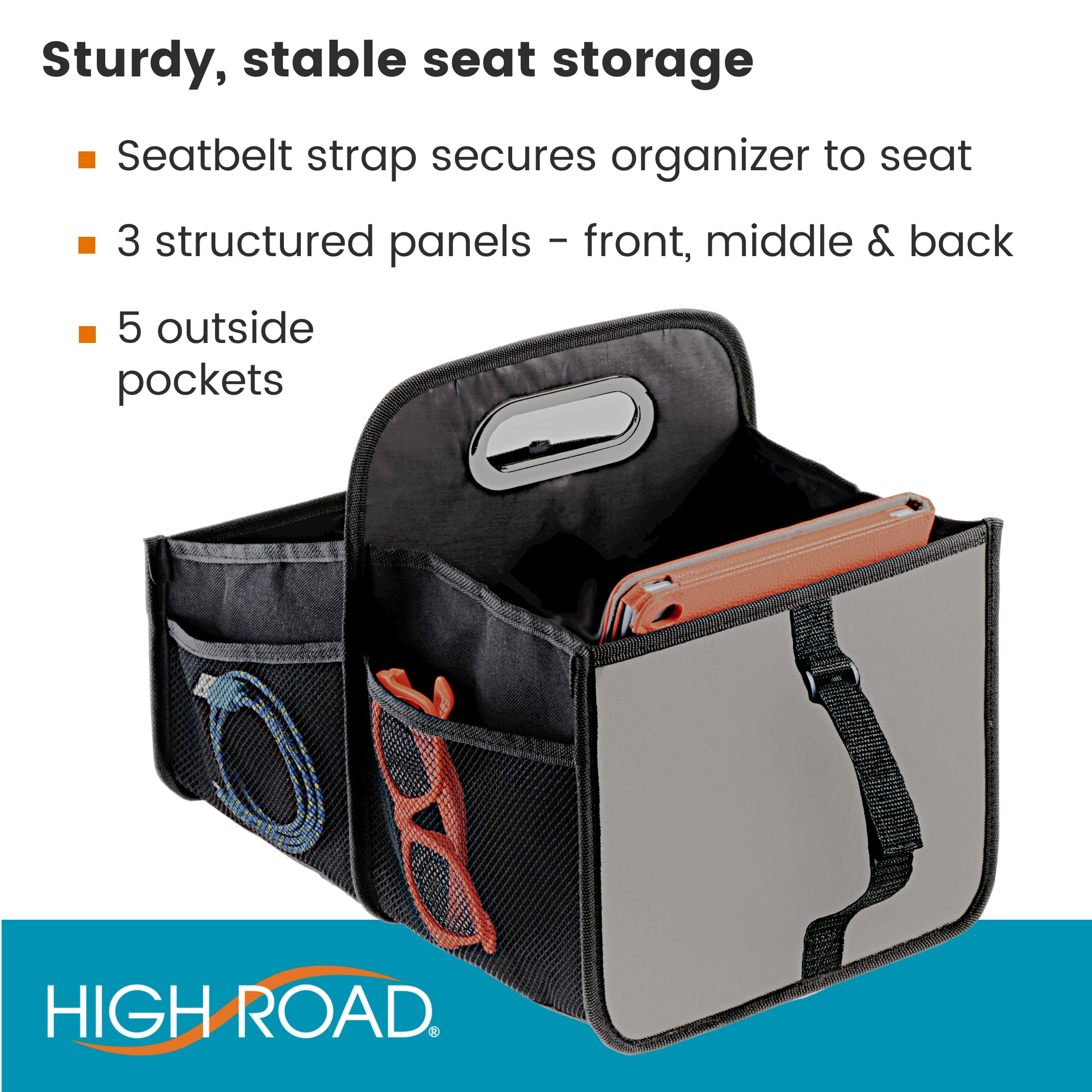 High Road Car Caddy with Cup Holders - Front Seat Organizer for Drivers or Back Seat Organizer for Kids - Portable Car Organizer with Easy One-Handed Carry Handle - Image 8
