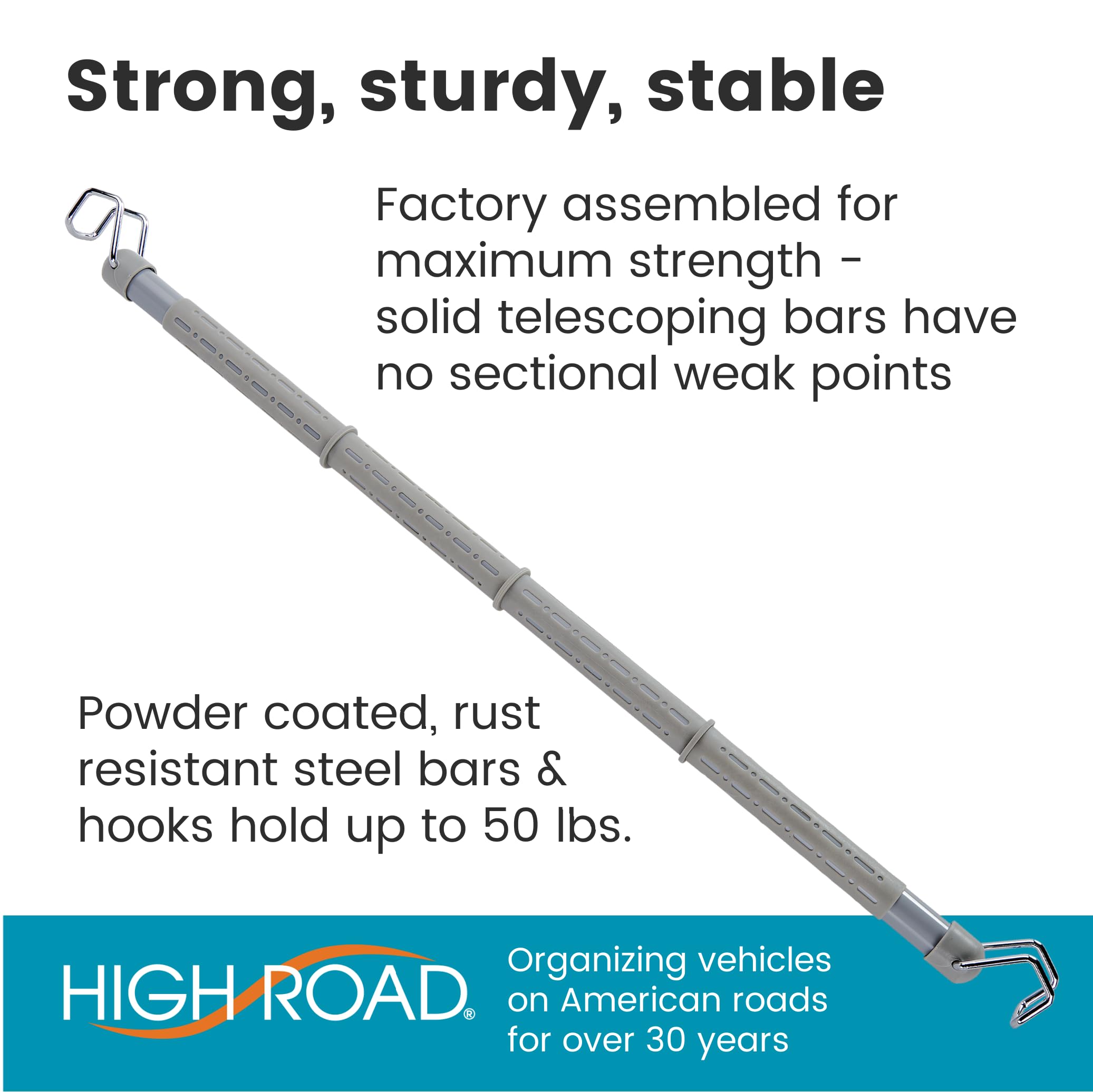 High Road Car Clothes Hanger Bar - Carbon Steel No Assembly Clothes Rod for Car, Truck or Van With Solid Metal Hooks - Fully Assembled Expandable Clothing Bar Slides from 32 To 62" Long - Image 3