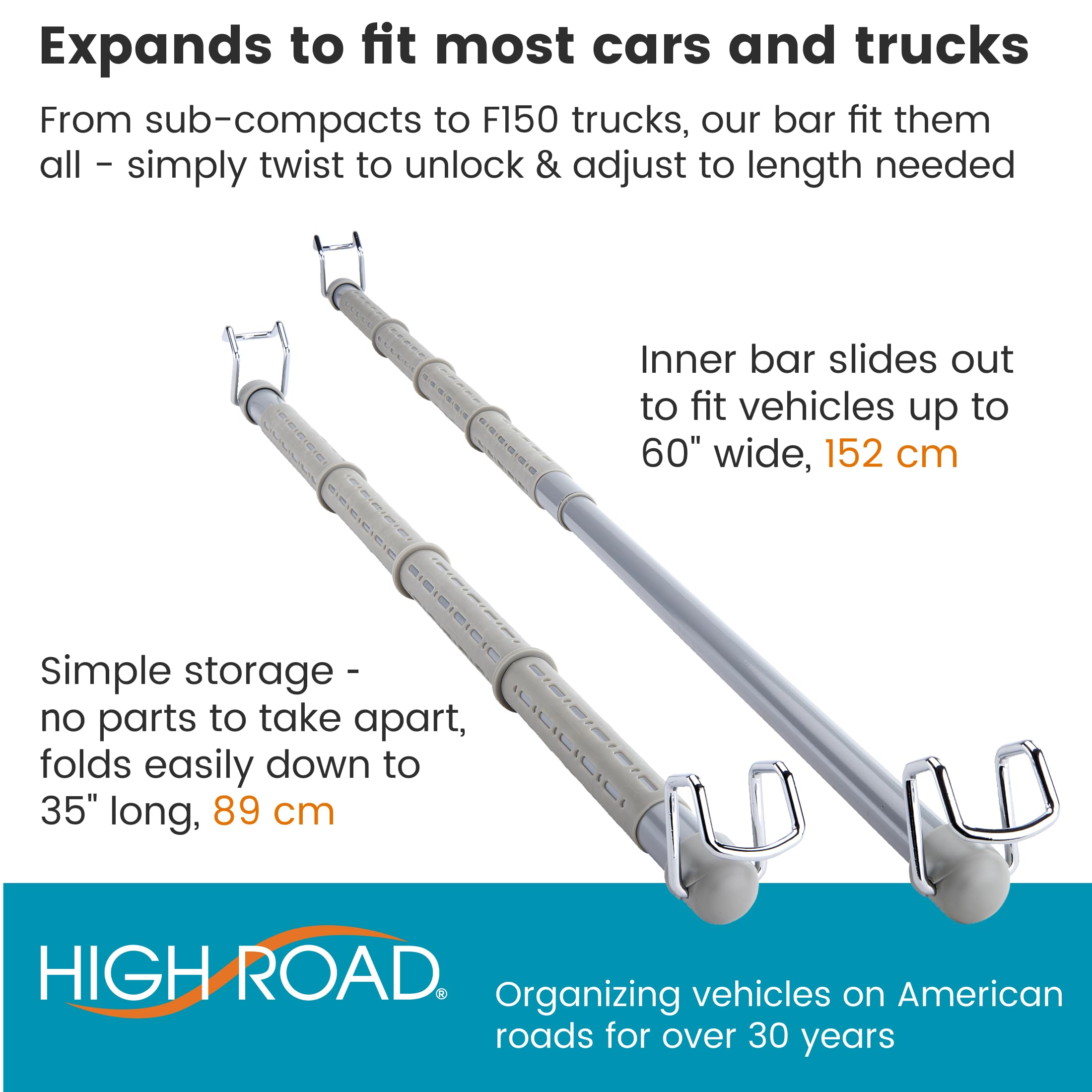 High Road Car Clothes Hanger Bar - Carbon Steel No Assembly Clothes Rod for Car, Truck or Van With Solid Metal Hooks - Fully Assembled Expandable Clothing Bar Slides from 32 To 62" Long - Image 8
