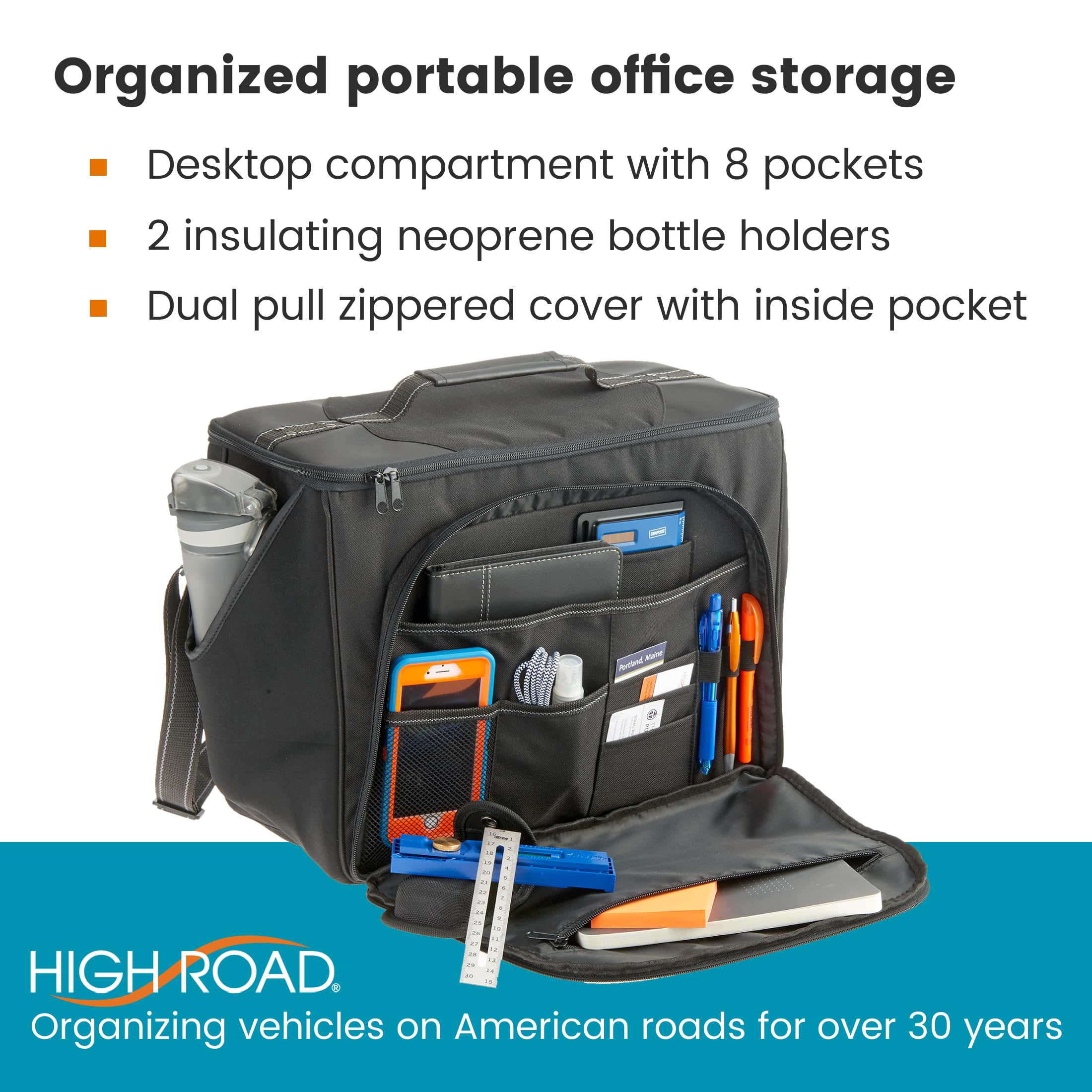 High Road Car Office Organizer - Front Seat Organizer with Desk Supplies Compartment, Laptop Sleeve, 2 Bottle Holders, Storage Cover and Padded Shoulder Strap for Cars, Trucks and Patrol Vehicles - Image 3