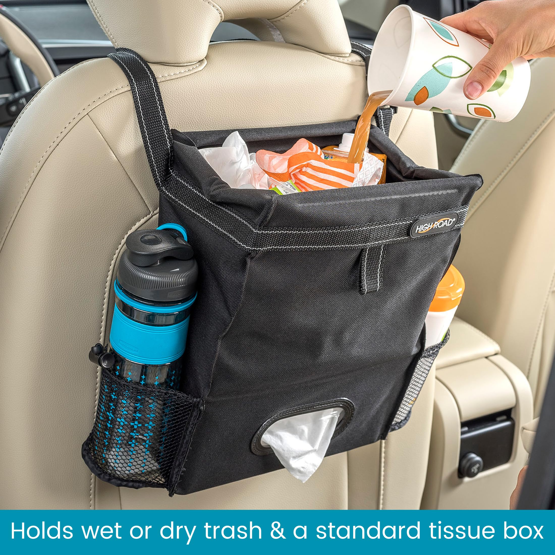 High Road Car Organizer with Car Trash Bin and Tissue Holder - Holds Full Size Tissue Box, Bottles and Wipe Containers - 2 Gal Leakproof Covered Trash Can with Push-Close Lid - Image 3