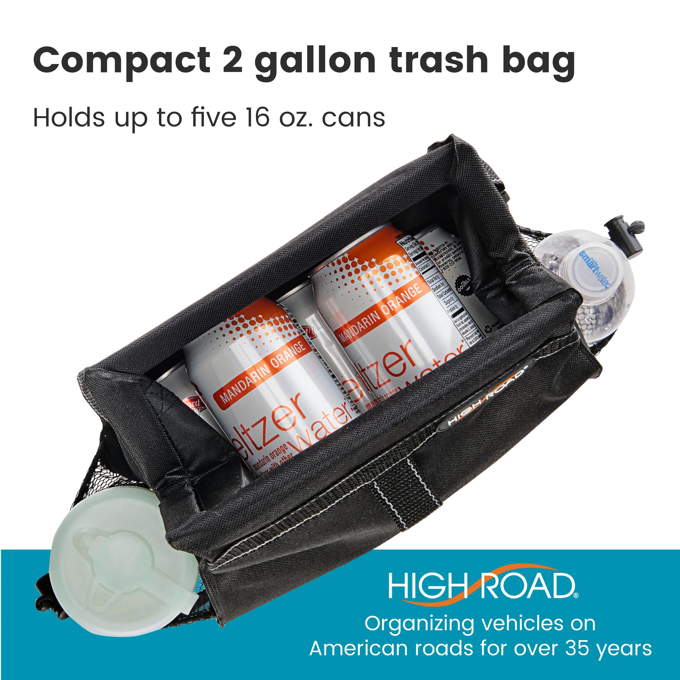 High Road Car Organizer with Car Trash Bin and Tissue Holder - Holds Full Size Tissue Box, Bottles and Wipe Containers - 2 Gal Leakproof Covered Trash Can with Push-Close Lid - Image 4