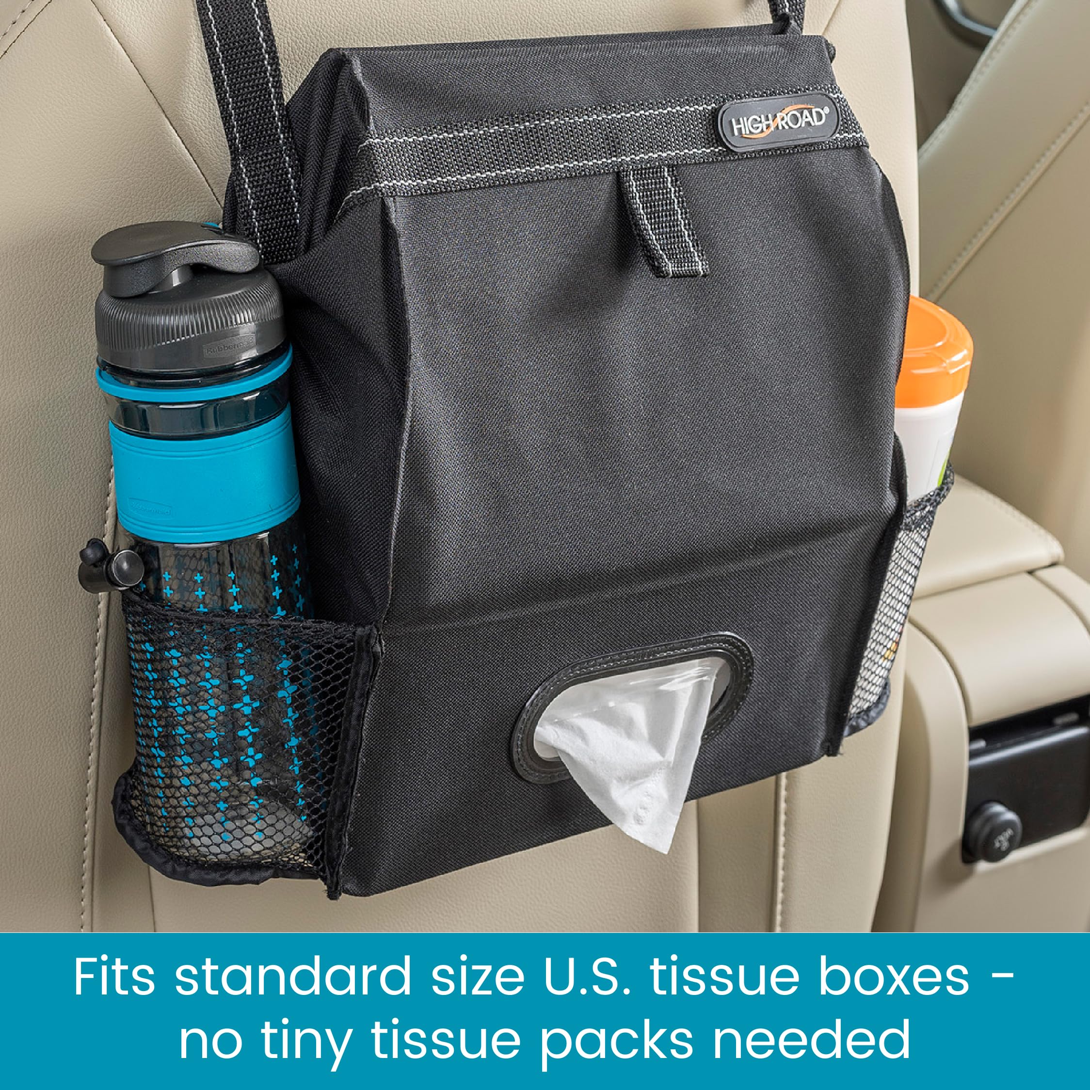 High Road Car Organizer with Car Trash Bin and Tissue Holder - Holds Full Size Tissue Box, Bottles and Wipe Containers - 2 Gal Leakproof Covered Trash Can with Push-Close Lid - Image 5