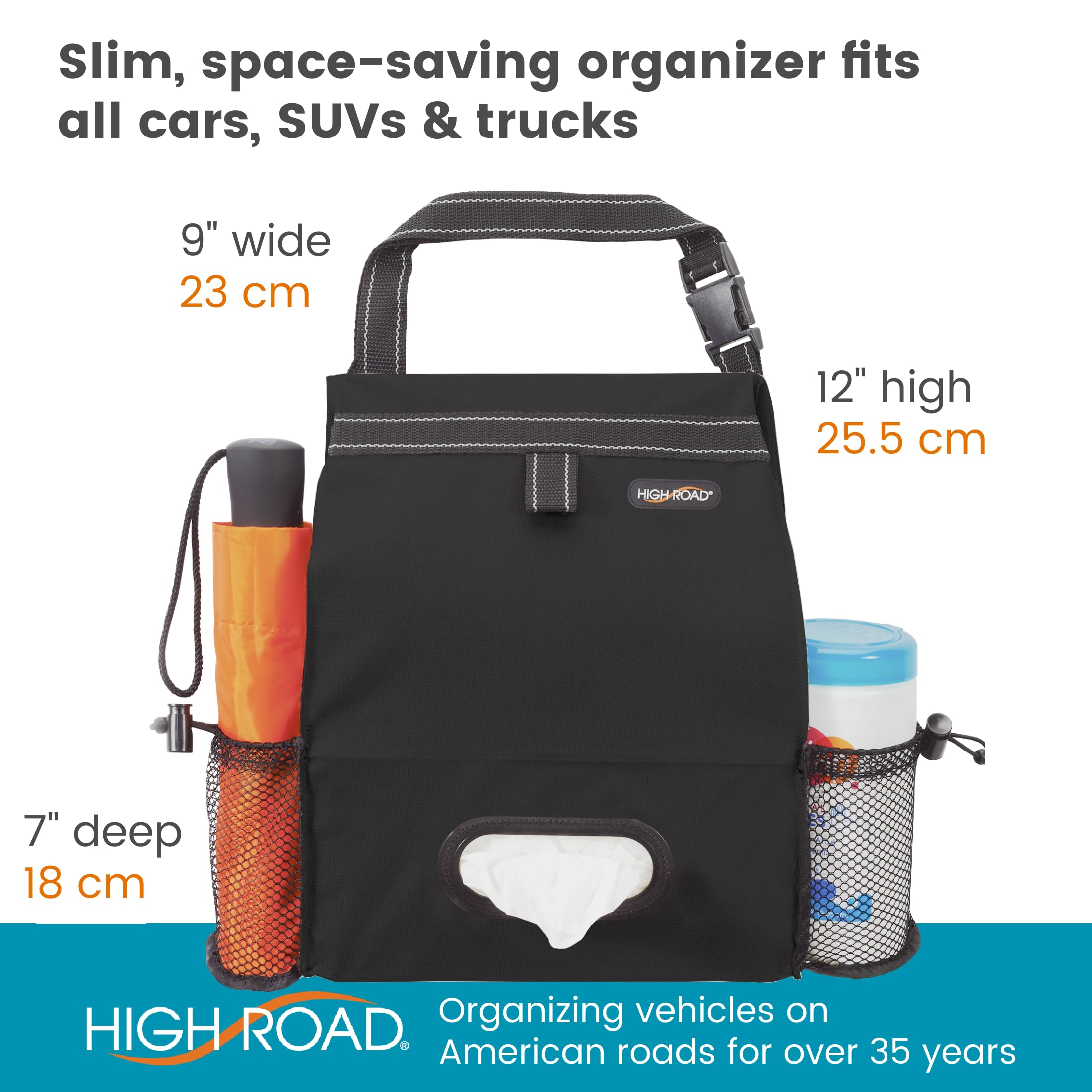 High Road Car Organizer with Car Trash Bin and Tissue Holder - Holds Full Size Tissue Box, Bottles and Wipe Containers - 2 Gal Leakproof Covered Trash Can with Push-Close Lid - Image 7