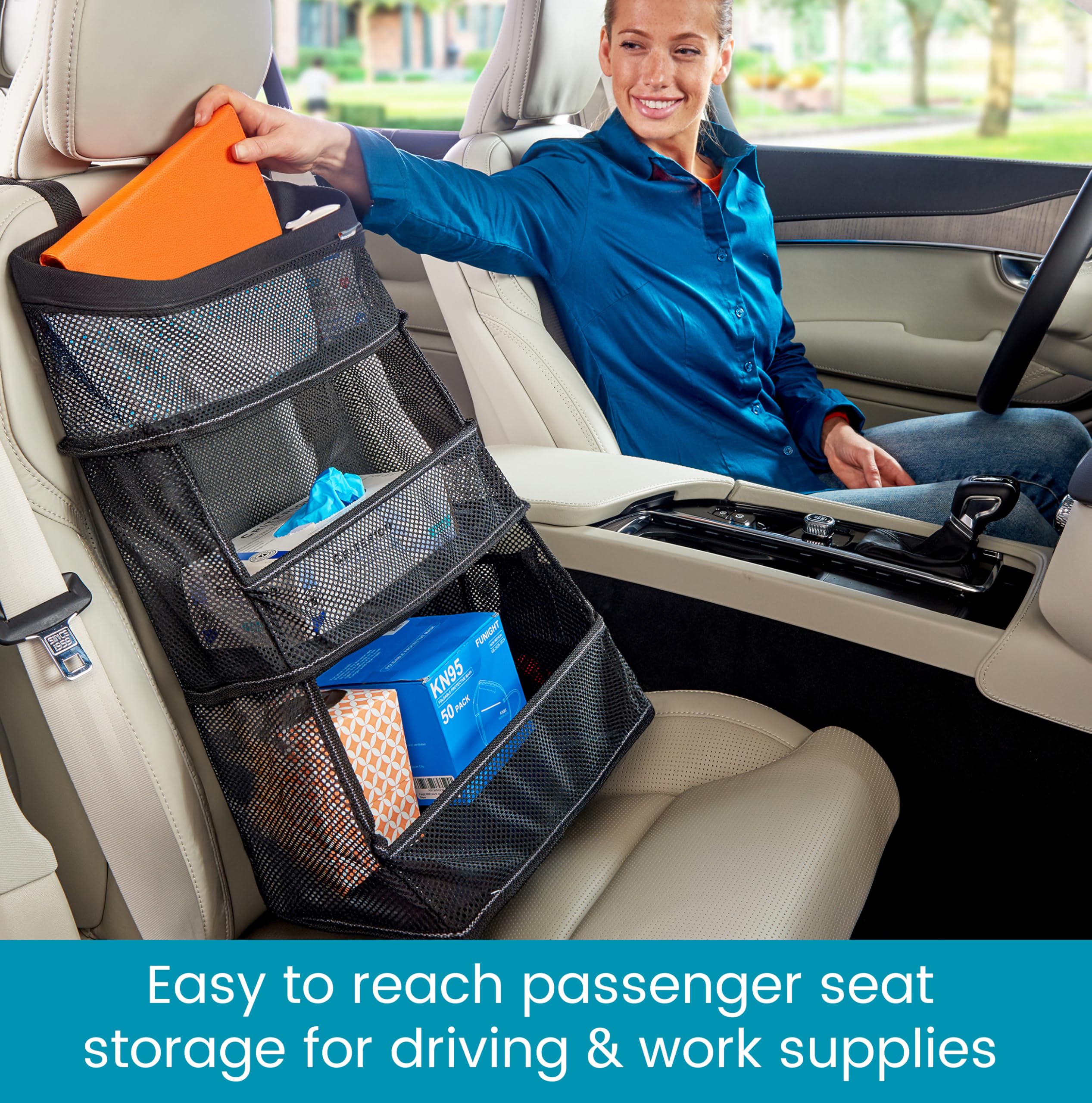 High Road Car Storage and Organization Caddy - SUV Trunk Organizer, Passenger Seat Organizer or Back Seat Storage Caddy With 3 Easy-View Mesh Bins - Image 4