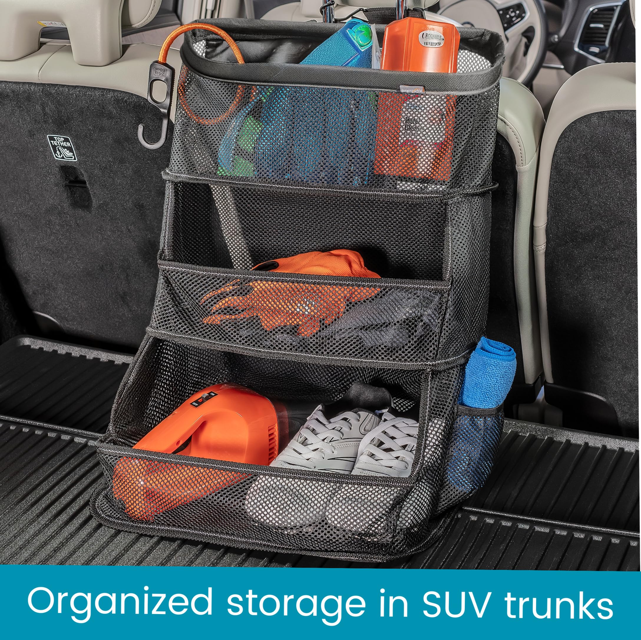 High Road Car Storage and Organization Caddy - SUV Trunk Organizer, Passenger Seat Organizer or Back Seat Storage Caddy With 3 Easy-View Mesh Bins - Image 5