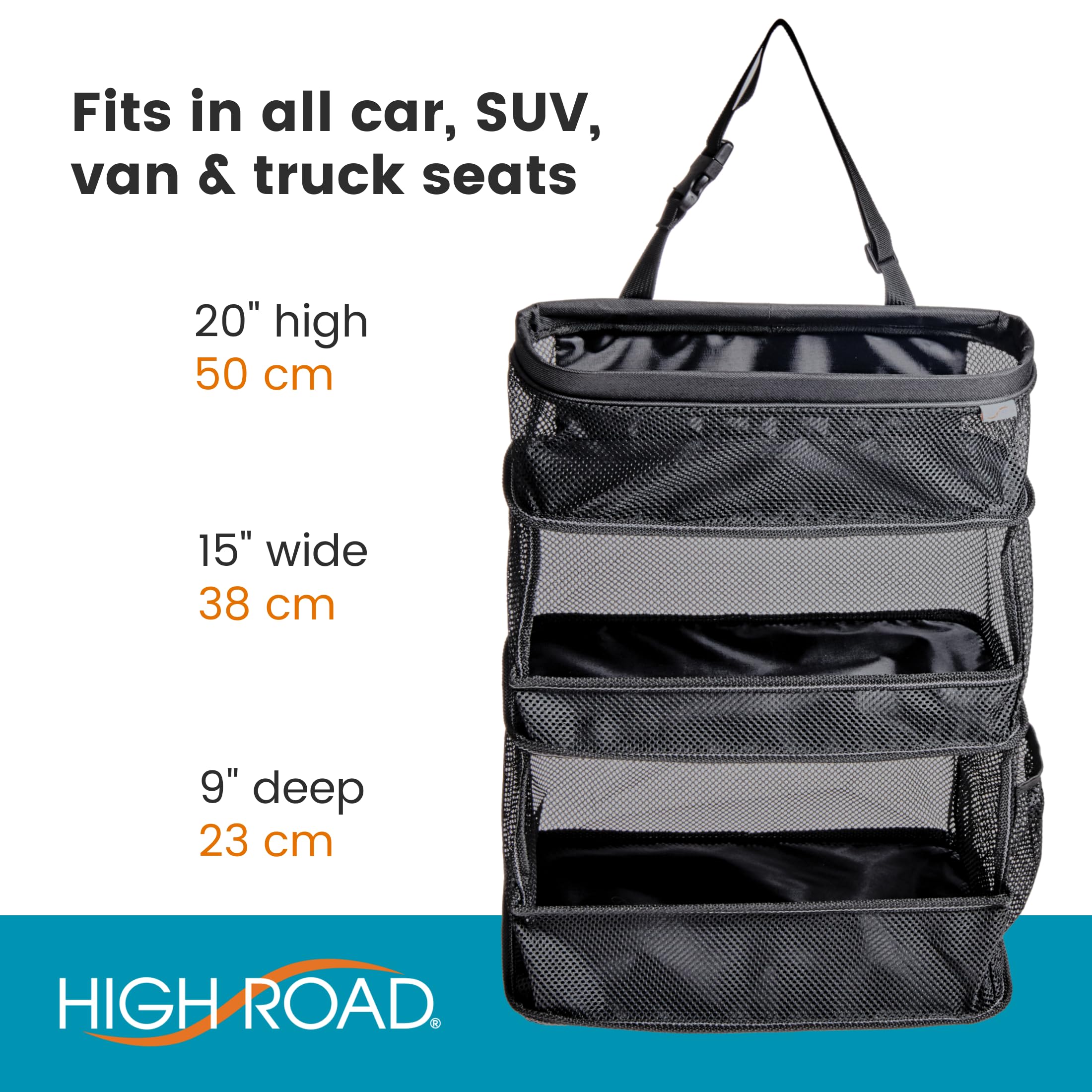 High Road Car Storage and Organization Caddy - SUV Trunk Organizer, Passenger Seat Organizer or Back Seat Storage Caddy With 3 Easy-View Mesh Bins - Image 6