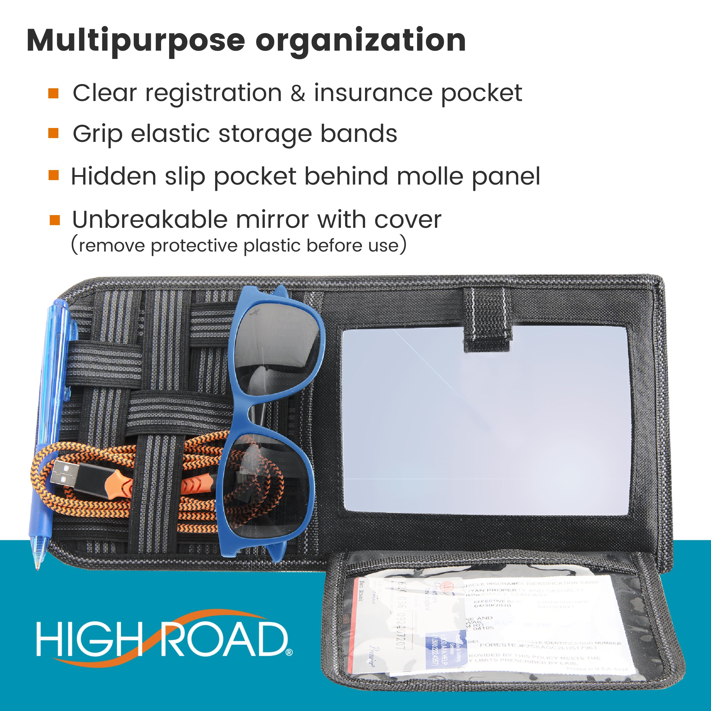 High Road Car Sun Visor Organizer with Hidden Auto Registration and Insurance Holder, Car Visor Mirror and Grip Band Storage Panel for Sunglasses and Driving Essentials - Image 3