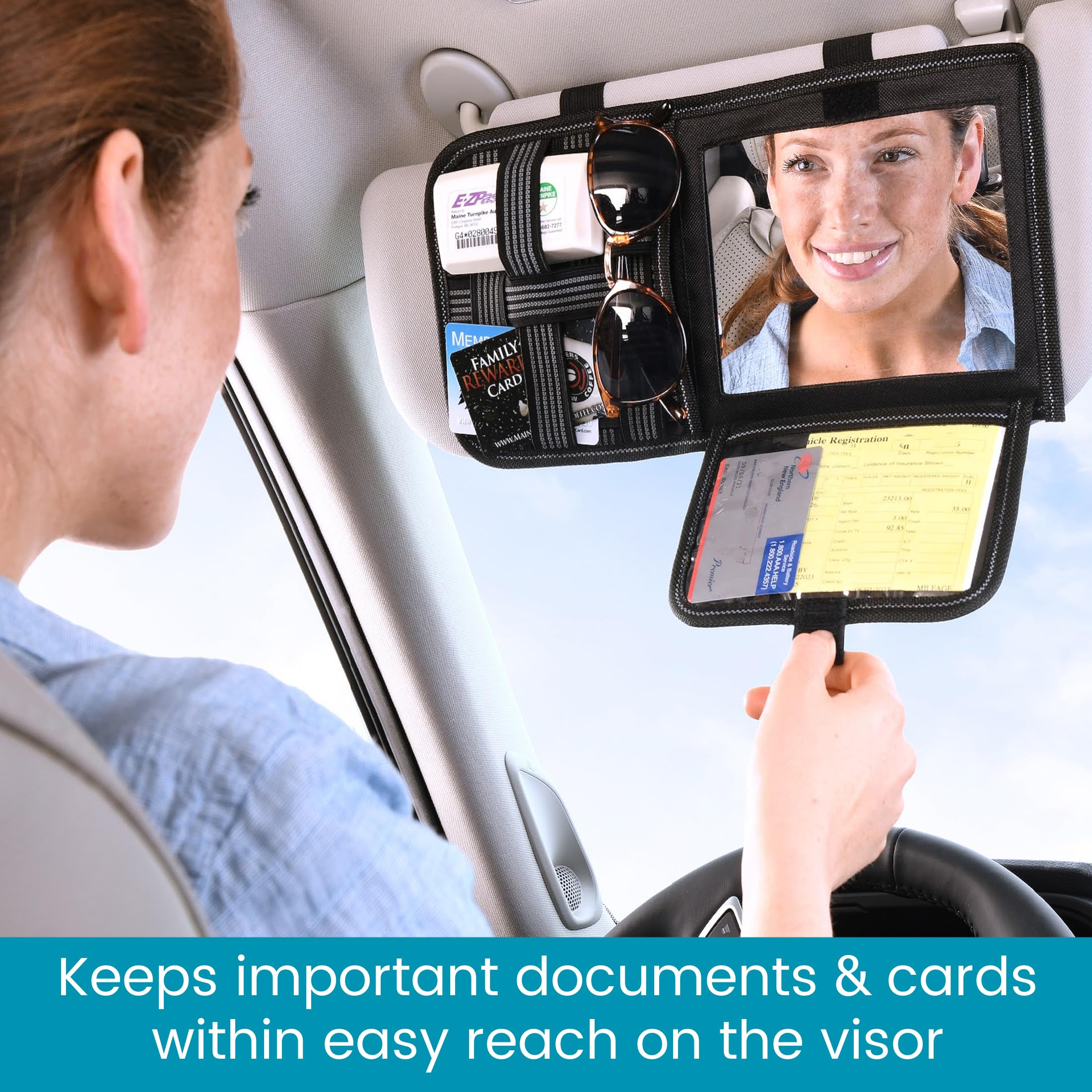 High Road Car Sun Visor Organizer with Hidden Auto Registration and Insurance Holder, Car Visor Mirror and Grip Band Storage Panel for Sunglasses and Driving Essentials - Image 4