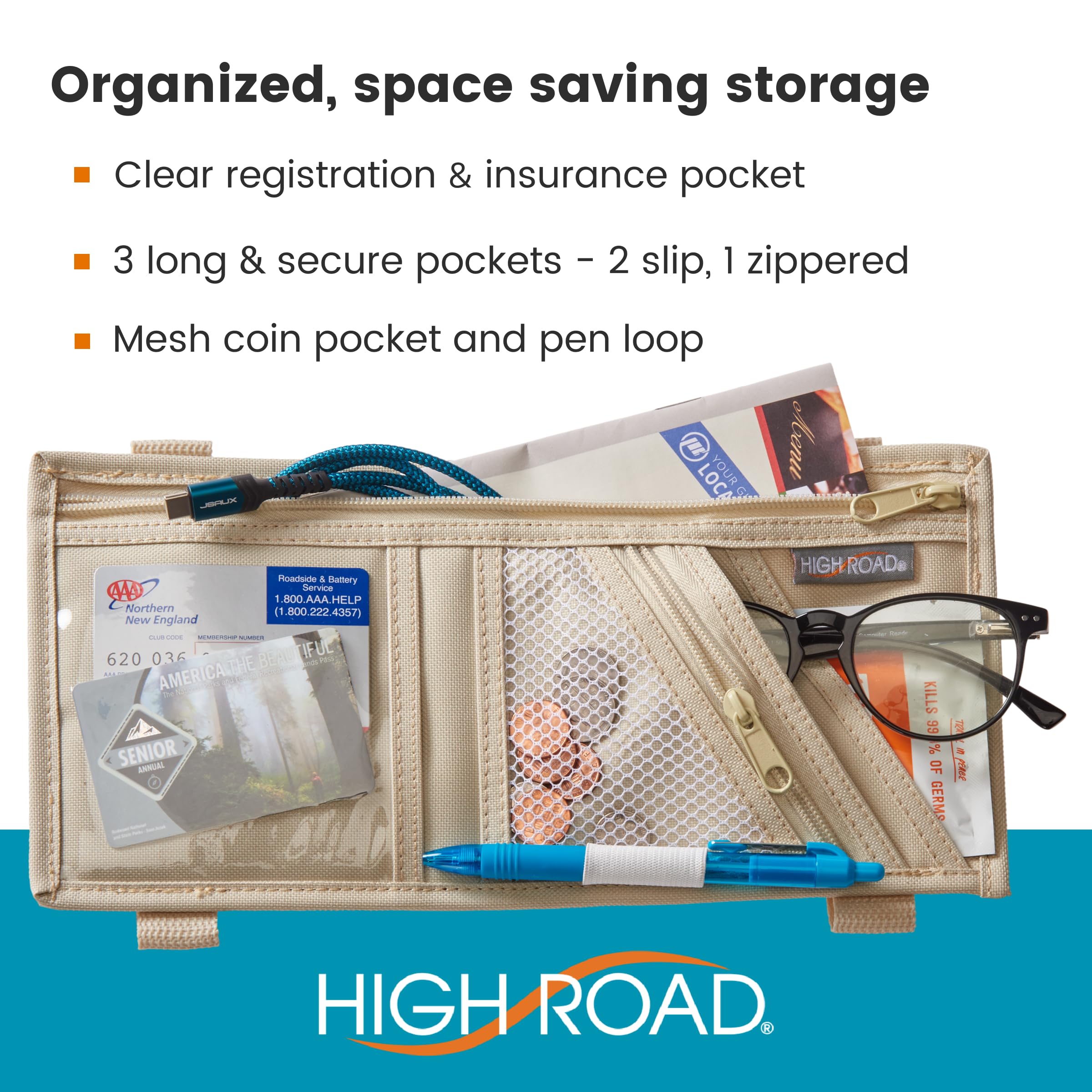 High Road Car Visor Organizer with Zippered Pockets, Sunglasses Sleeve and Clear Photo or Registration and Insurance Pocket - Heavy Duty Straps Fit Most Car, SUV and Truck Visors - Tan - Image 3