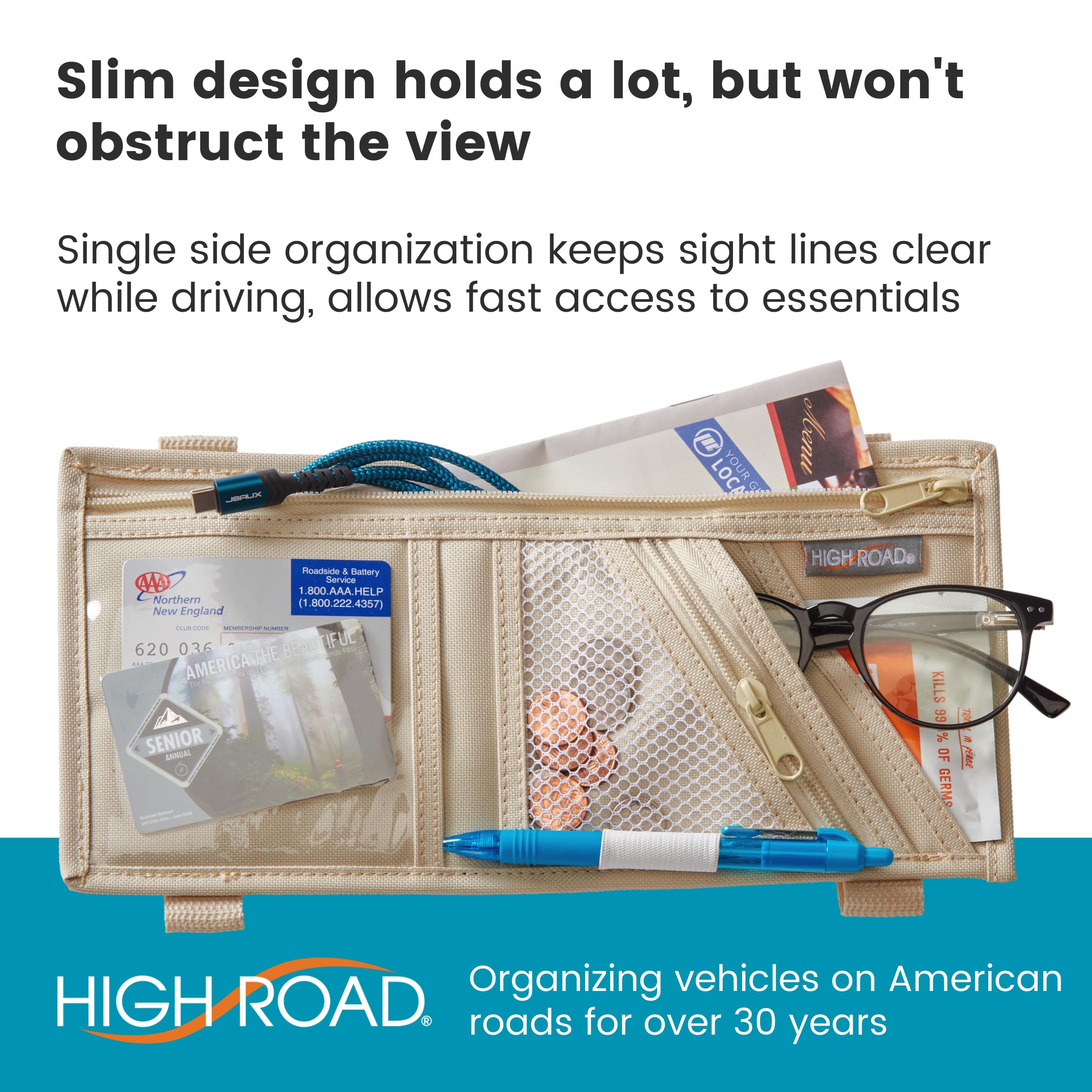 High Road Car Visor Organizer with Zippered Pockets, Sunglasses Sleeve and Clear Photo or Registration and Insurance Pocket - Heavy Duty Straps Fit Most Car, SUV and Truck Visors - Tan - Image 5