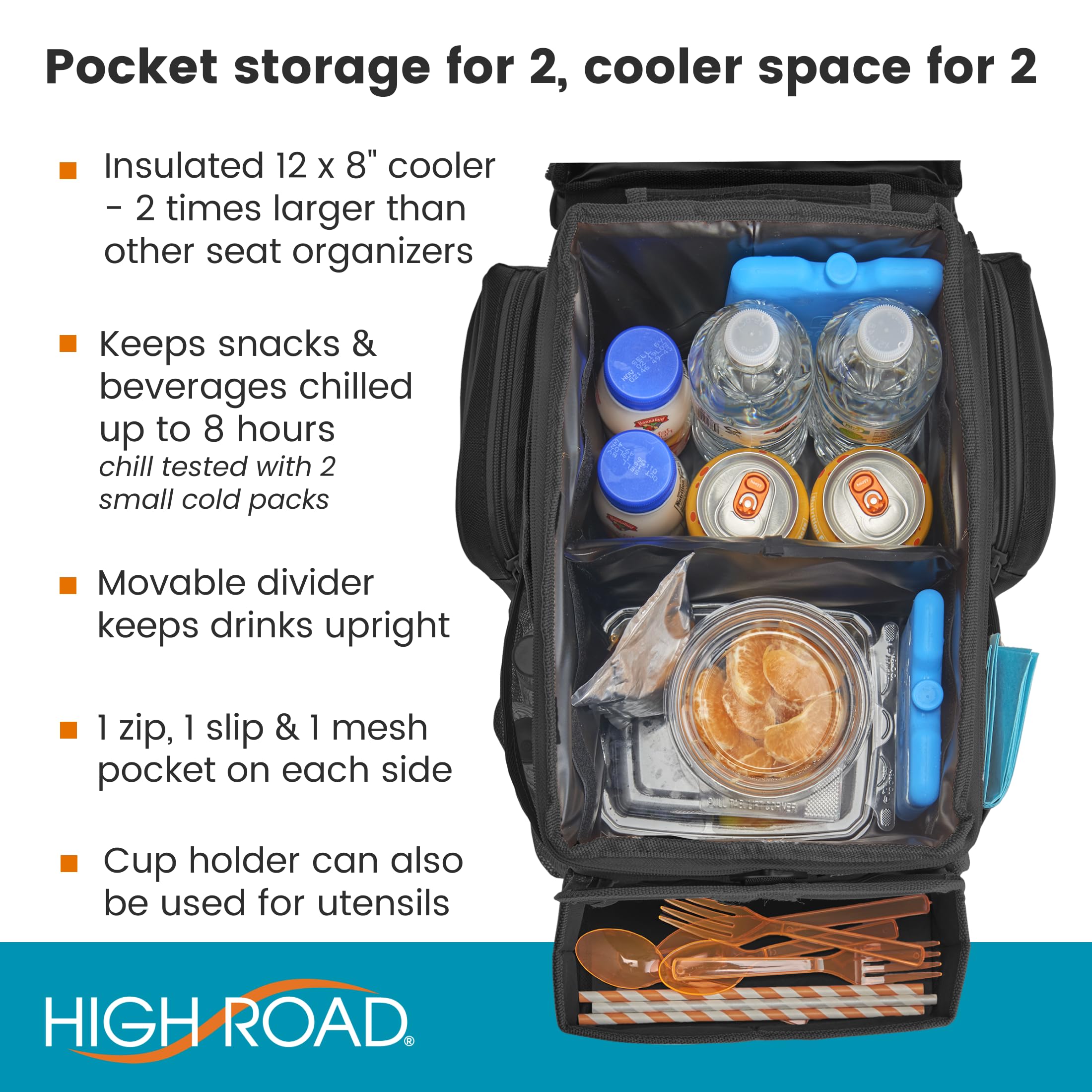 High Road CarHop Car Caddy Organizer with Road Trip Cooler, Car Cup Holder Bin, Sturdy Snack and Play Lid and 6 Organization and Storage Pockets - Image 4