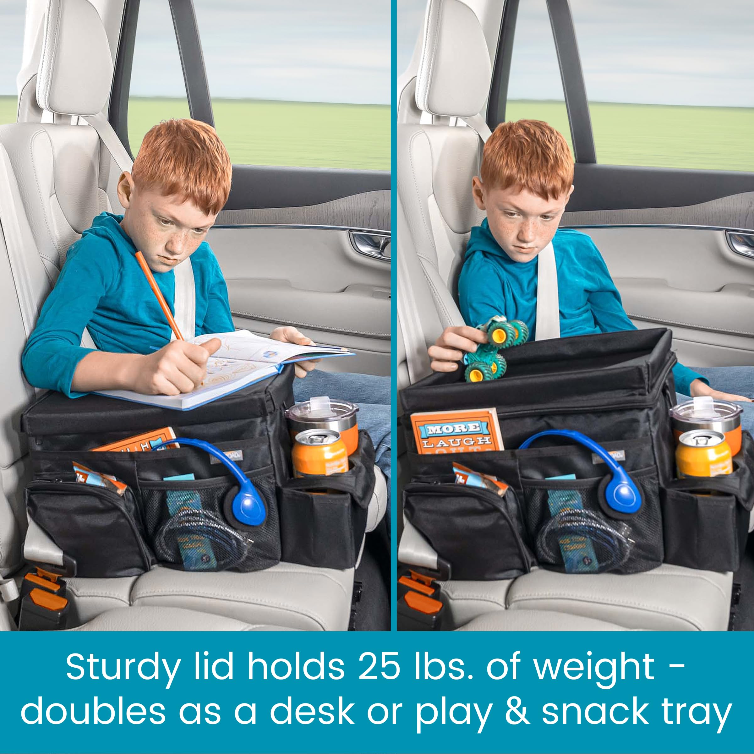 High Road CarHop Car Caddy Organizer with Road Trip Cooler, Car Cup Holder Bin, Sturdy Snack and Play Lid and 6 Organization and Storage Pockets - Image 5