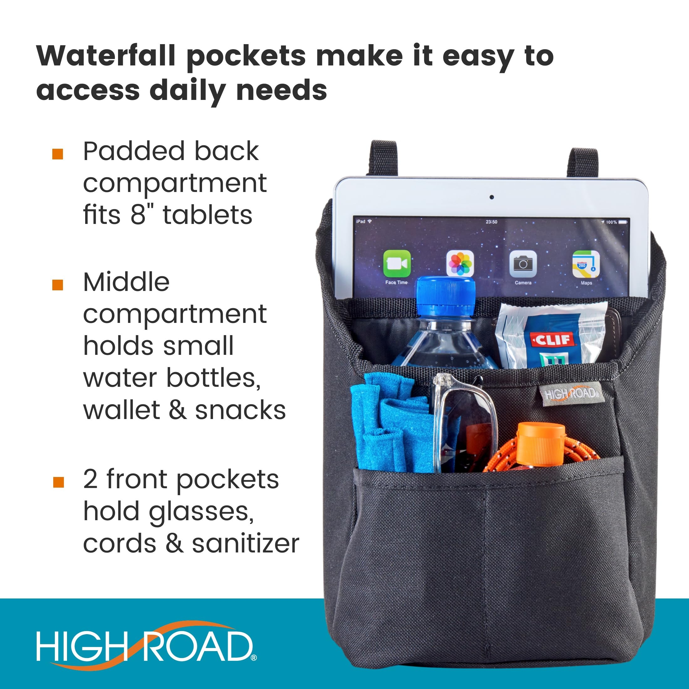 High Road Compact Walker Bag, Wheelchair Side Pack and Scooter Pouch with Easy Access Pockets and Adjustable Straps for Adult Daily Living Needs (Black) - Image 5