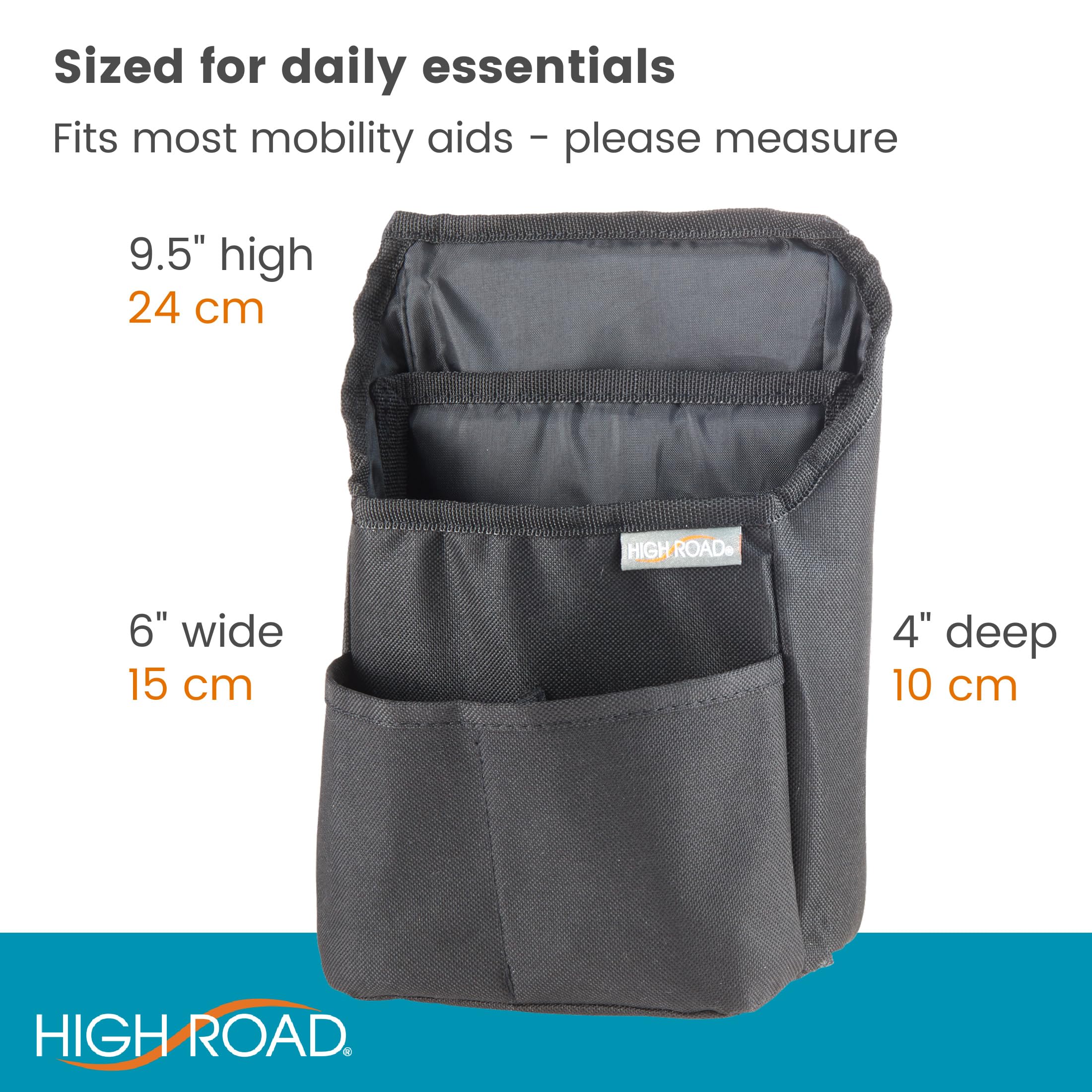 High Road Compact Walker Bag, Wheelchair Side Pack and Scooter Pouch with Easy Access Pockets and Adjustable Straps for Adult Daily Living Needs (Black) - Image 7