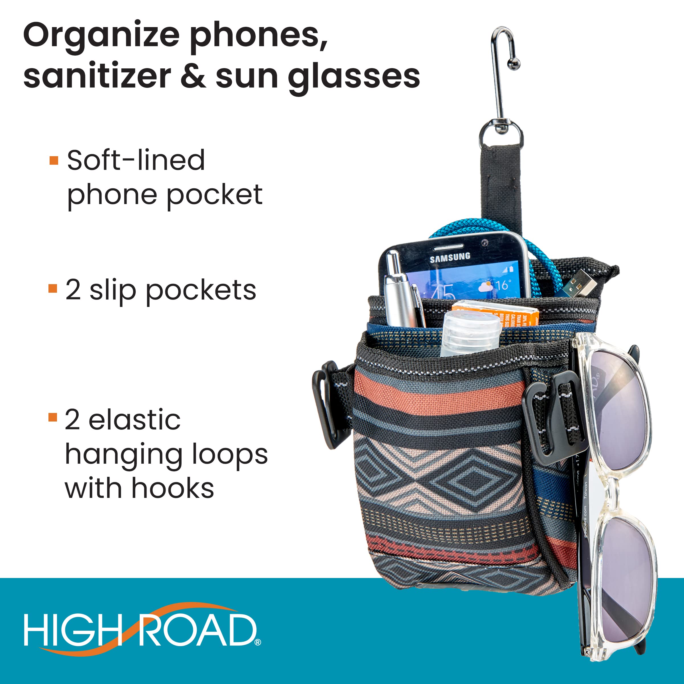 High Road DriverPockets Car Phone Holder Air Vent Pouch and Front Seat Organizer with 3 Pockets, Hanging Hooks and Charging Port (Southwest) - Image 4