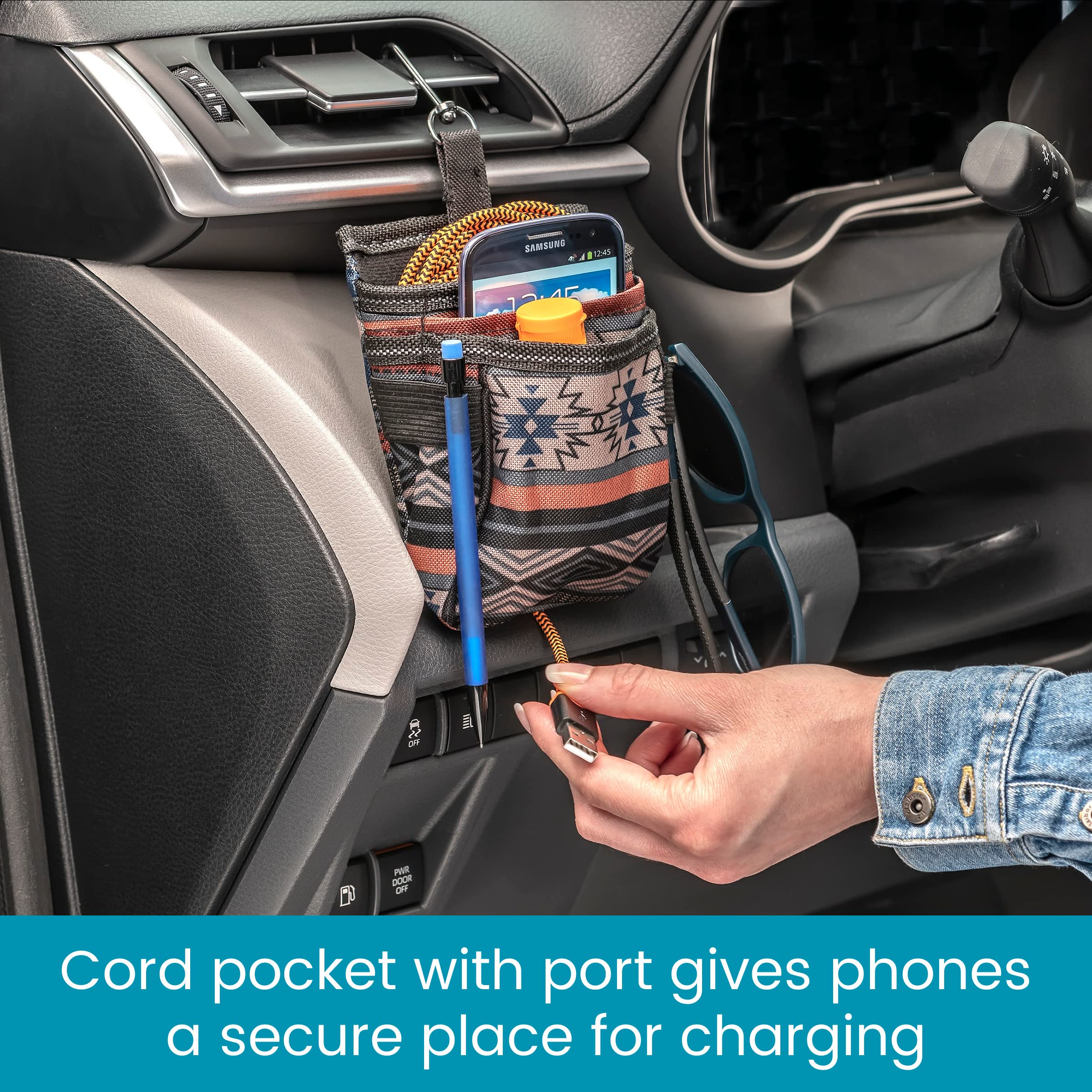 High Road DriverPockets Car Phone Holder Air Vent Pouch and Front Seat Organizer with 3 Pockets, Hanging Hooks and Charging Port (Southwest) - Image 5