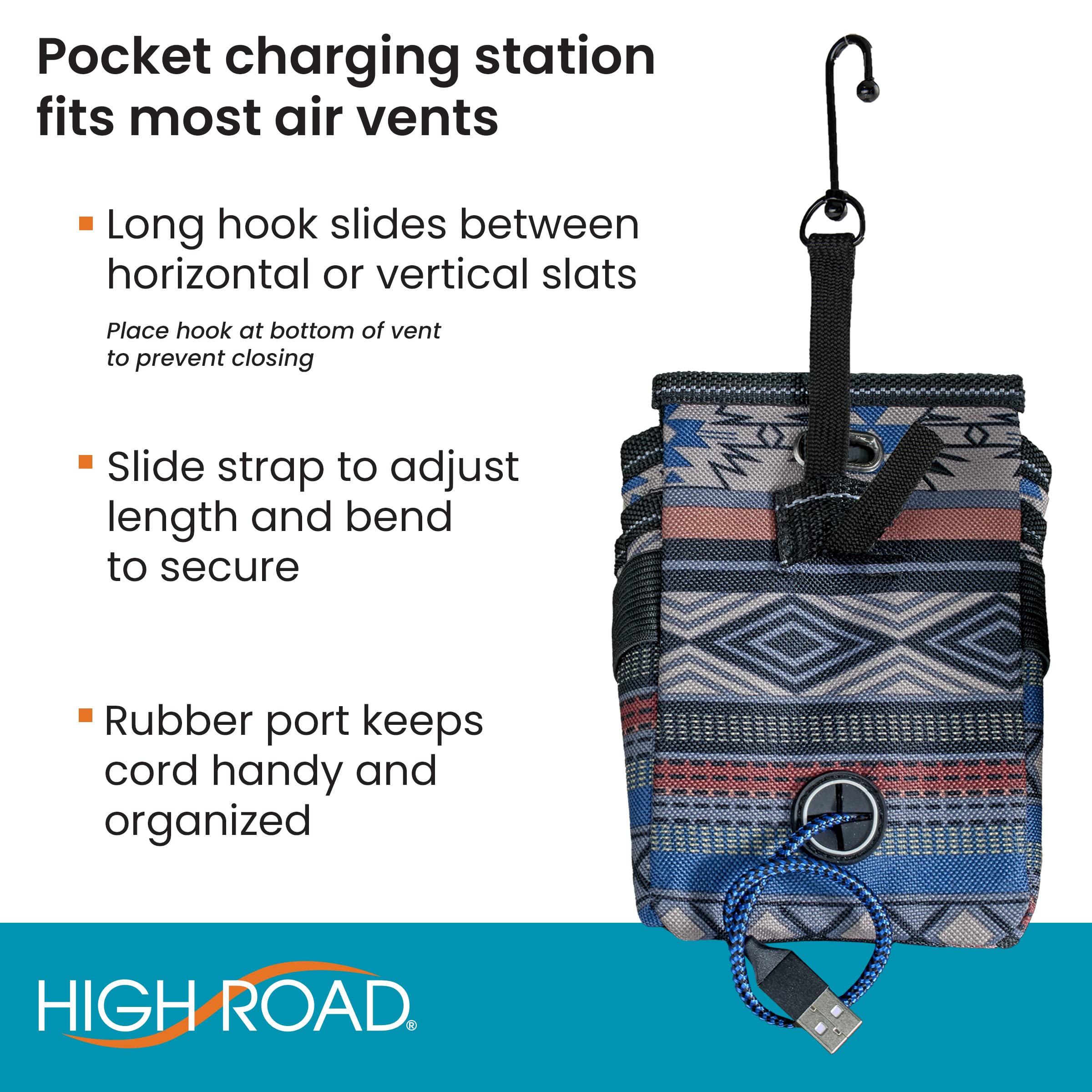 High Road DriverPockets Car Phone Holder Air Vent Pouch and Front Seat Organizer with 3 Pockets, Hanging Hooks and Charging Port (Southwest) - Image 6