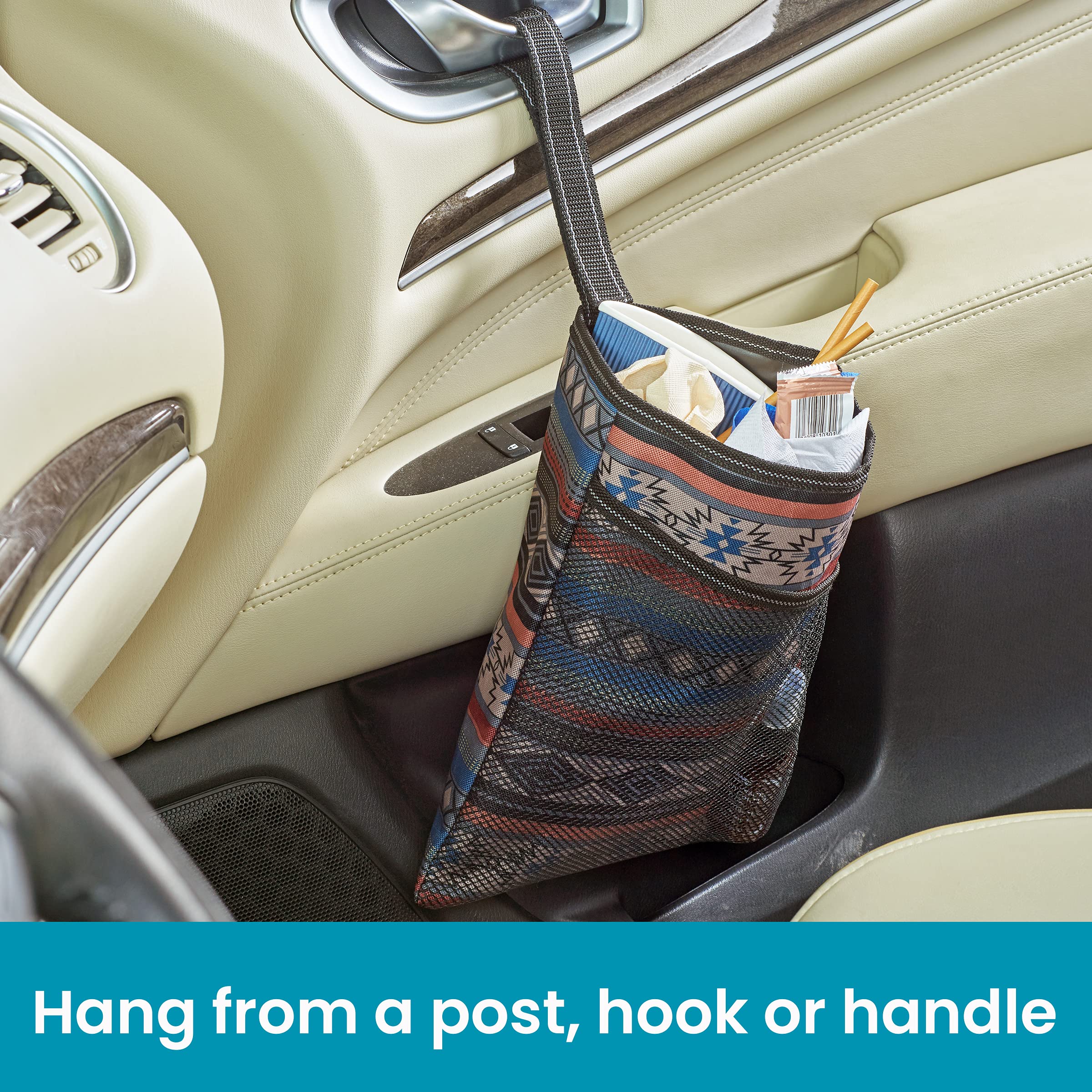 High Road Hanging Car Trash Bag with Waterproof Leakproof Liner, Storage Pocket and Adjustable Strap to Hang in the Front or Back Seat - Southwest - Image 3