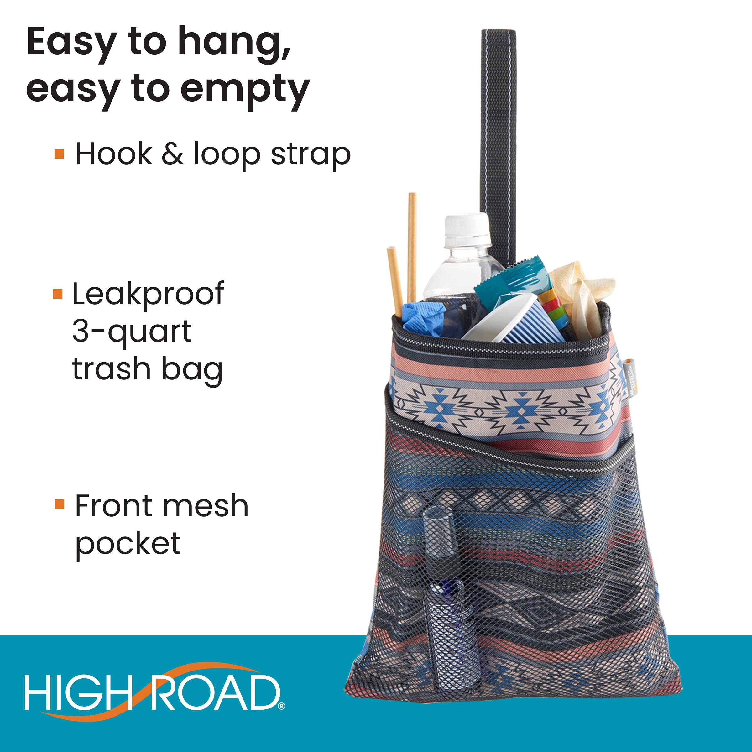 High Road Hanging Car Trash Bag with Waterproof Leakproof Liner, Storage Pocket and Adjustable Strap to Hang in the Front or Back Seat - Southwest - Image 4