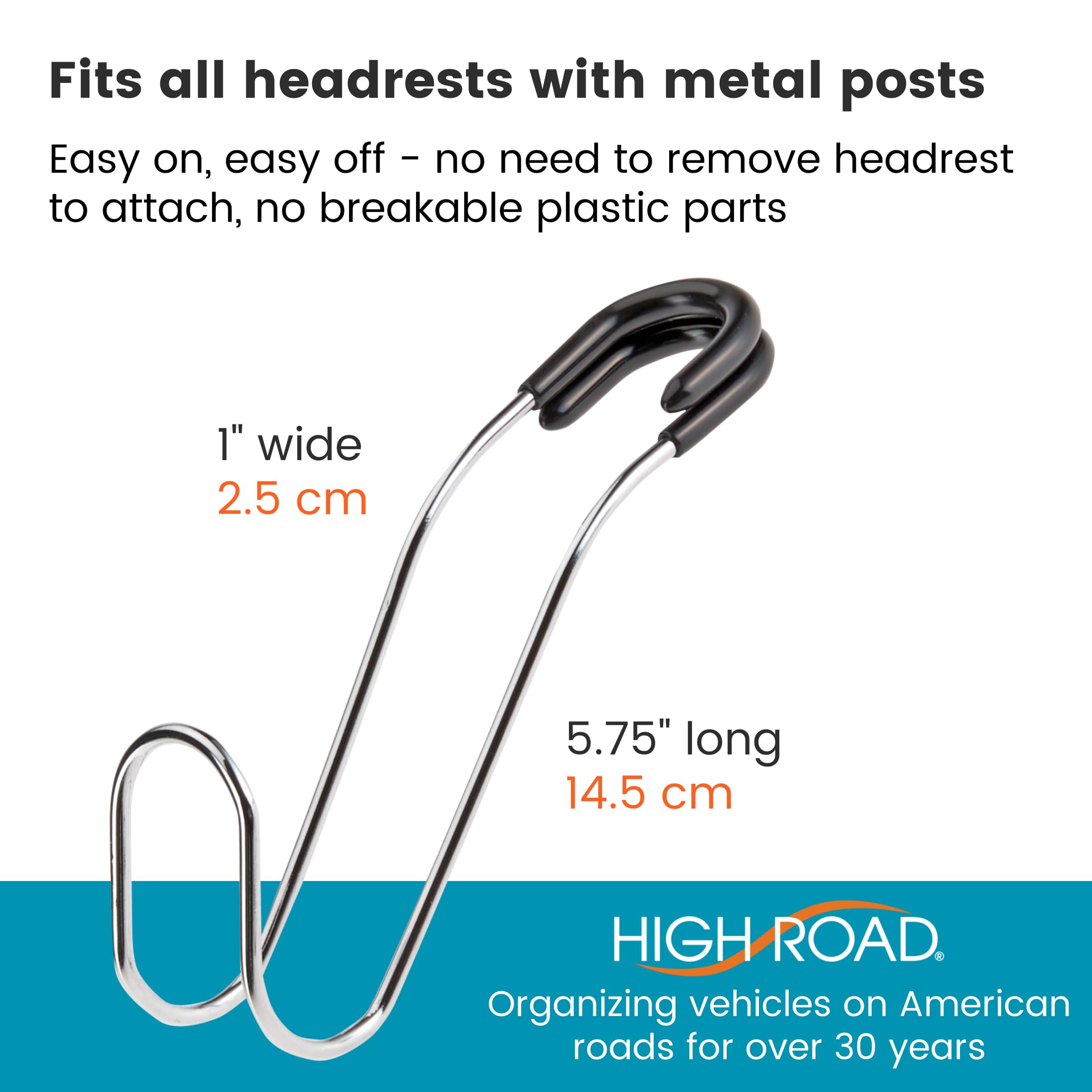 High Road Metal Car Hooks - Hard Hat Holder for Truck and Unbreakable Headrest Hooks for Car for Large Straps and Heavy Bags up to 40 lbs - Secure Attachment Loops Fit All Headrest Posts, 2-Pack - Image 6
