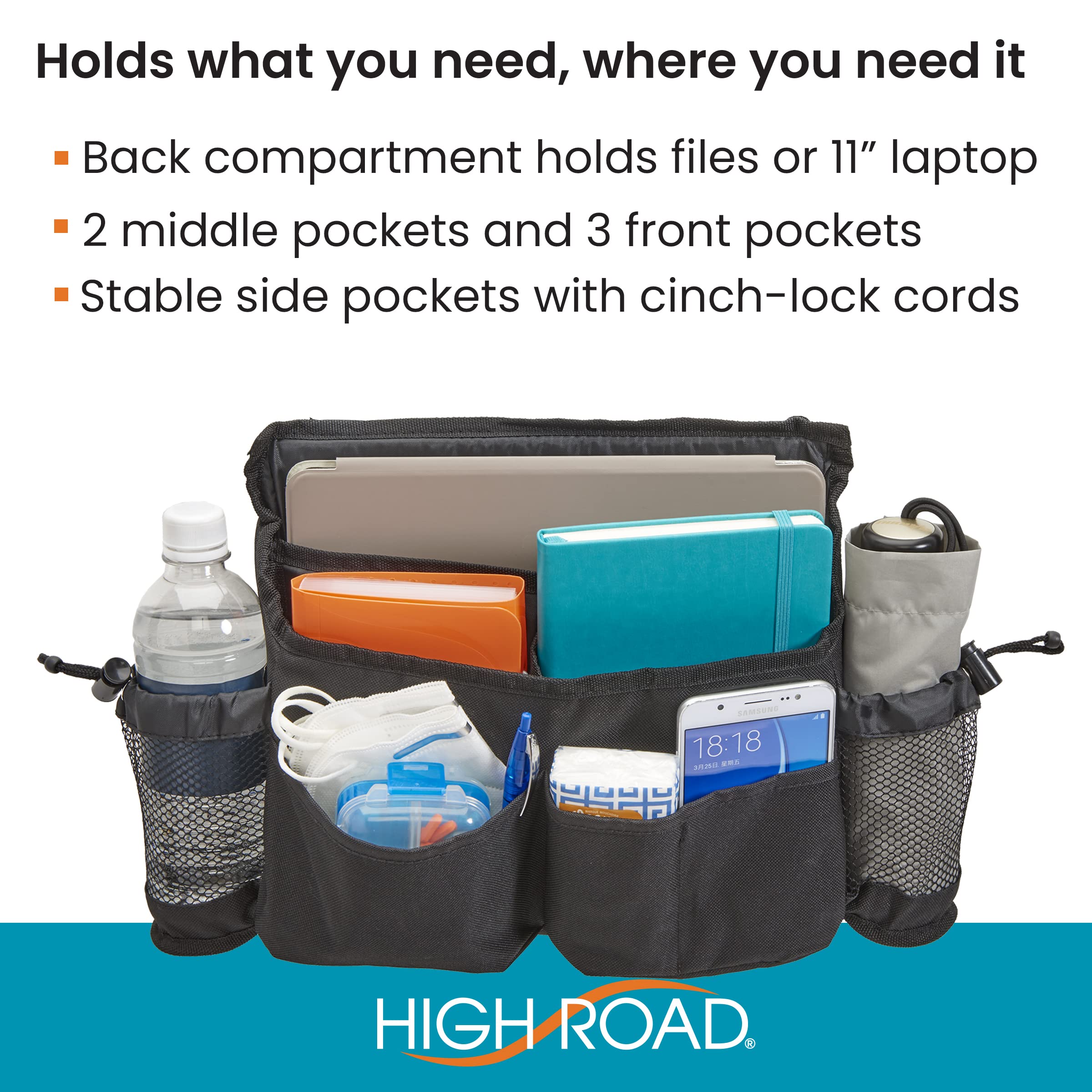 High Road Mobility Scooter Bag, Walker Caddy and Wheelchair Storage Bag - 8-Pocket Mobility Organizer with Bottle and Cup Holder for Wheelchairs, Walkers and Scooters - Image 3