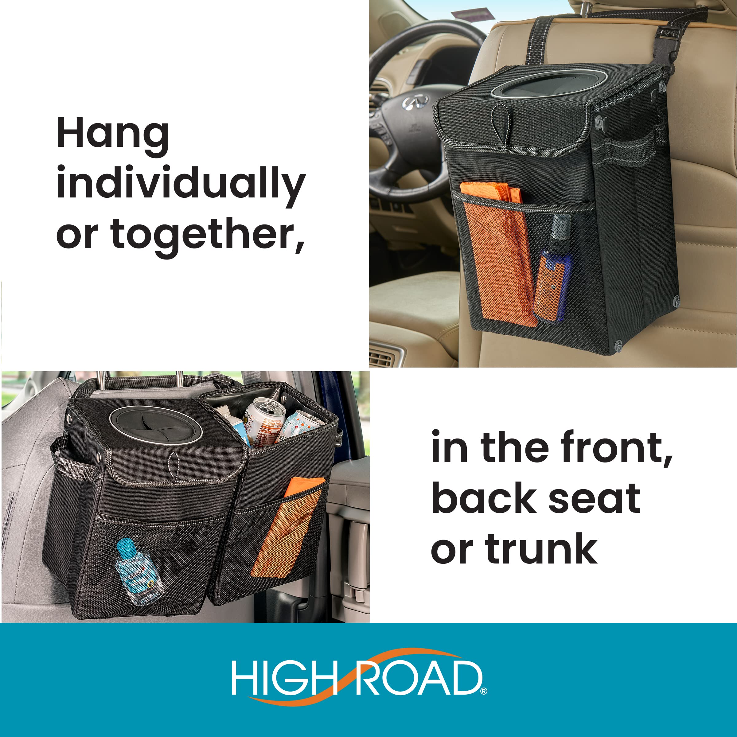 High Road StashAway Car Trash Can Set with Covered and Open Car Garbage Cans, Storage Pockets, Hanging Straps and Side Handles - Multipurpose Waterproof Bins Each Hold 2.25 Gallons of Car Garbage - Image 3
