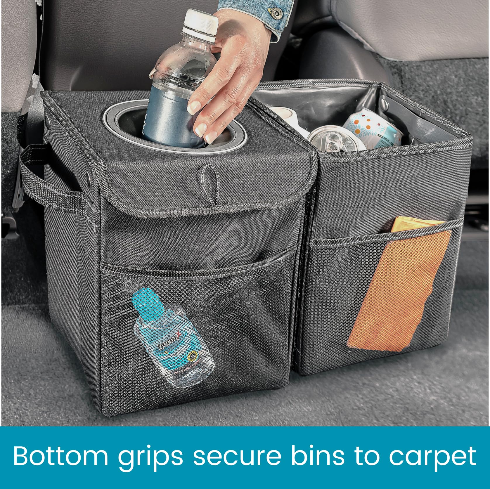 High Road StashAway Car Trash Can Set with Covered and Open Car Garbage Cans, Storage Pockets, Hanging Straps and Side Handles - Multipurpose Waterproof Bins Each Hold 2.25 Gallons of Car Garbage - Image 4