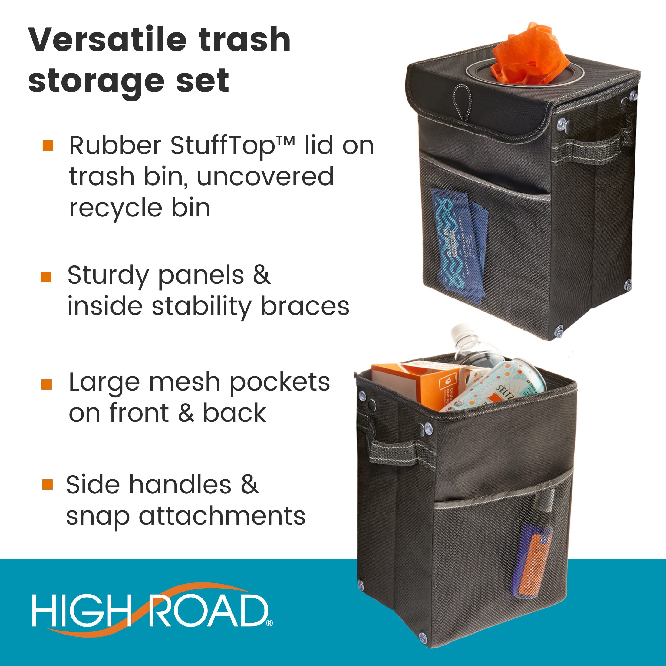 High Road StashAway Car Trash Can Set with Covered and Open Car Garbage Cans, Storage Pockets, Hanging Straps and Side Handles - Multipurpose Waterproof Bins Each Hold 2.25 Gallons of Car Garbage - Image 5