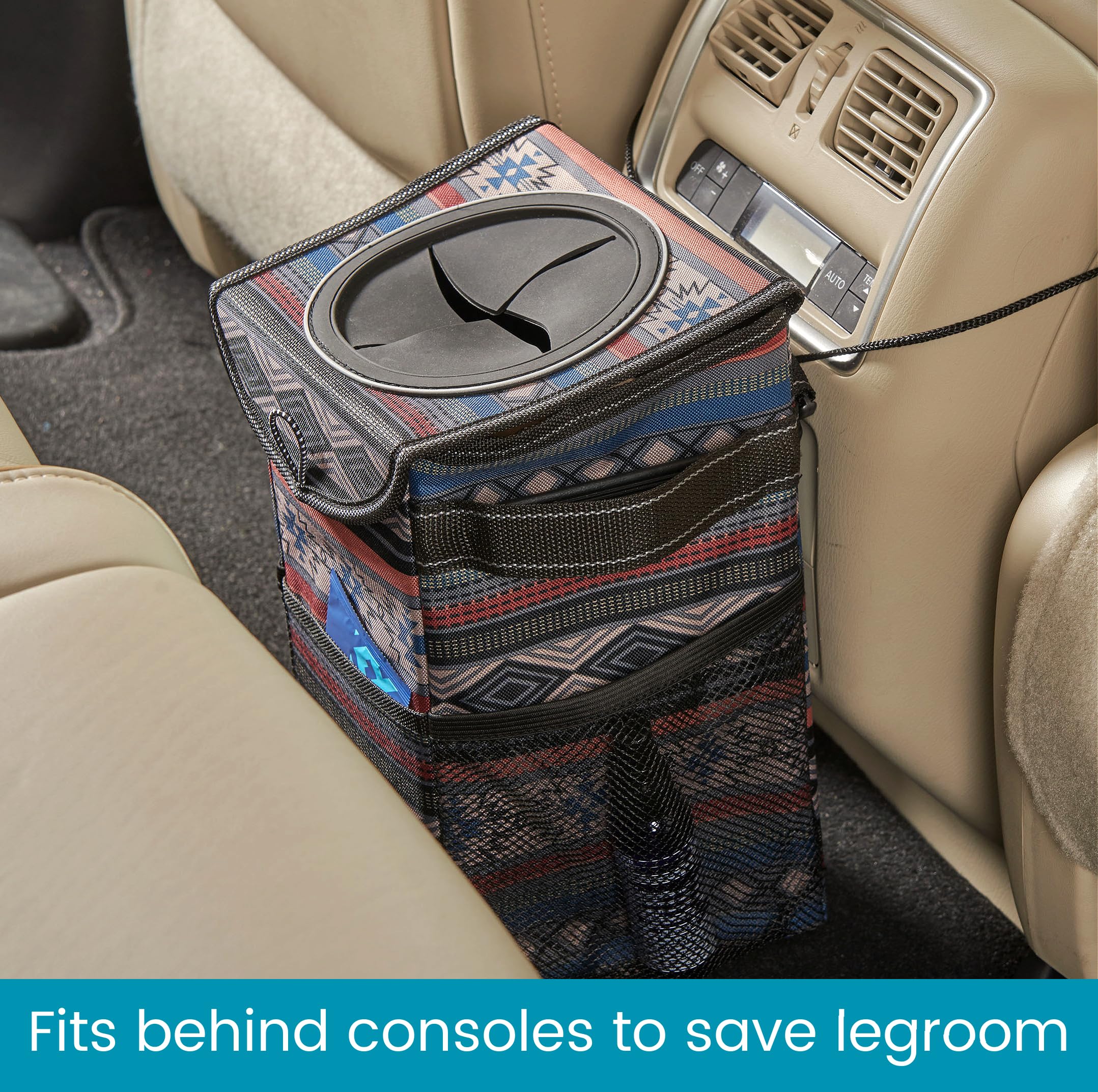 High Road StashAway Heavy Duty Car Trash Can with Rubber Lid, 3 Storage Pockets and Sturdy Panels for Stable Floor or Hanging Seatback Use (Southwest) - Image 3