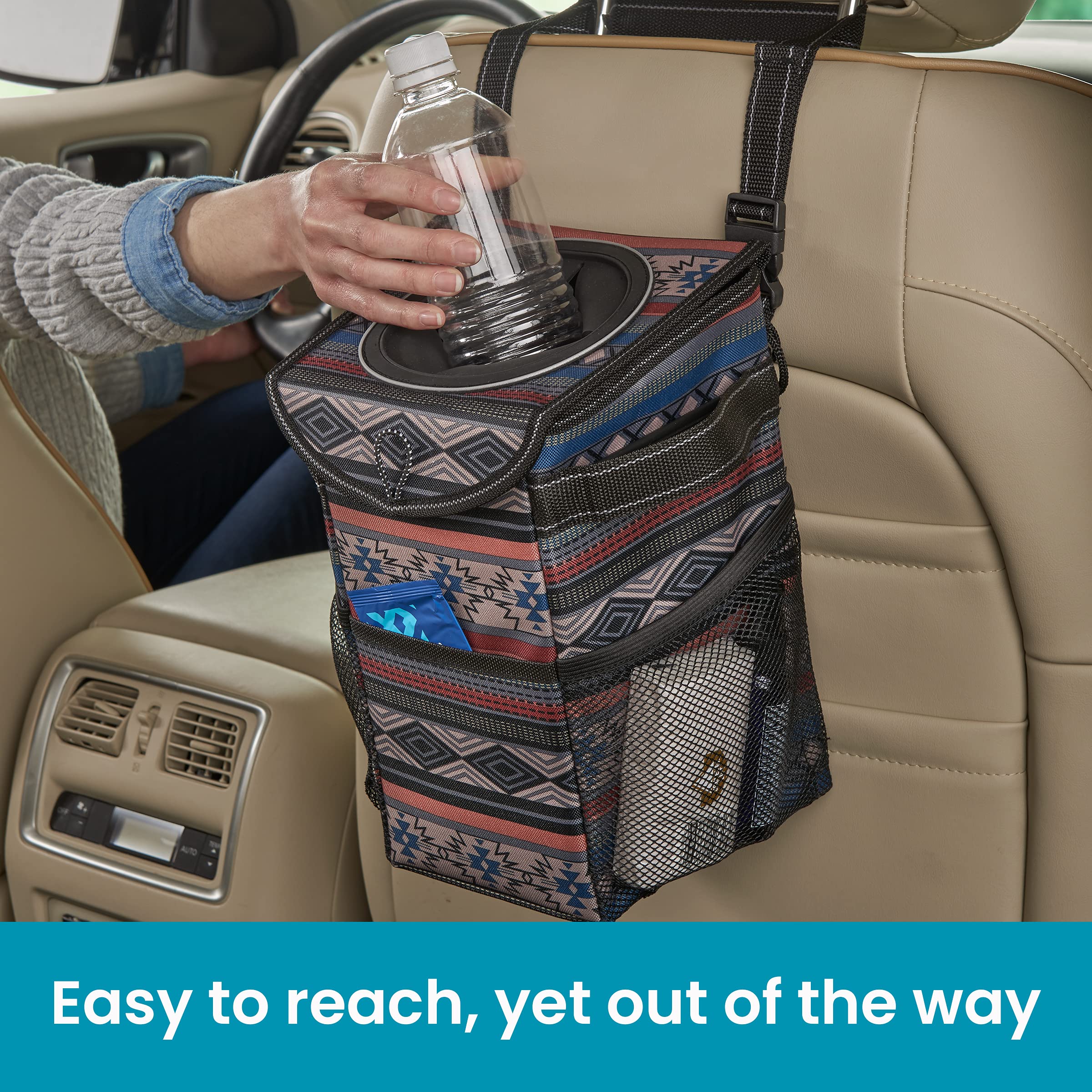 High Road StashAway Heavy Duty Car Trash Can with Rubber Lid, 3 Storage Pockets and Sturdy Panels for Stable Floor or Hanging Seatback Use (Southwest) - Image 4