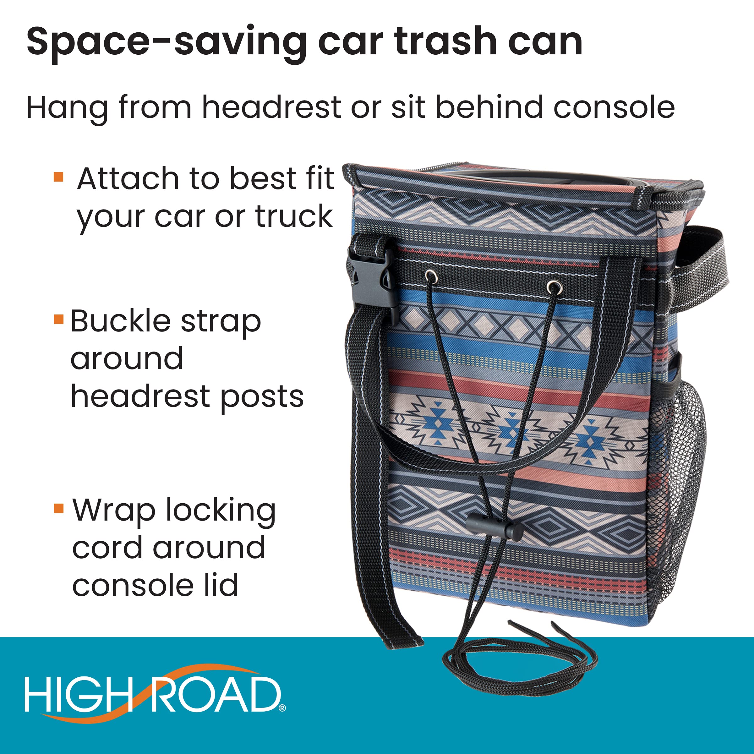 High Road StashAway Heavy Duty Car Trash Can with Rubber Lid, 3 Storage Pockets and Sturdy Panels for Stable Floor or Hanging Seatback Use (Southwest) - Image 5