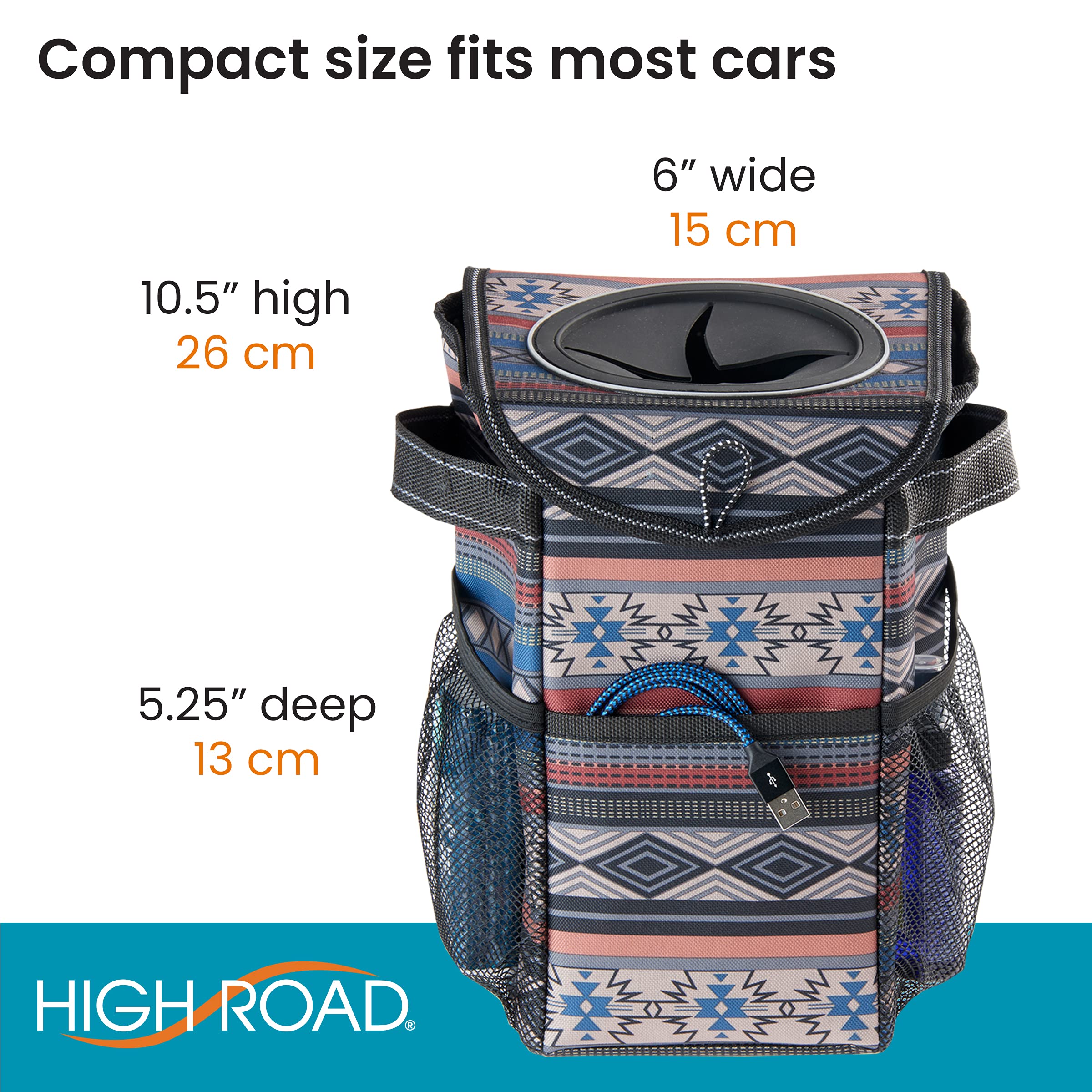 High Road StashAway Heavy Duty Car Trash Can with Rubber Lid, 3 Storage Pockets and Sturdy Panels for Stable Floor or Hanging Seatback Use (Southwest) - Image 7