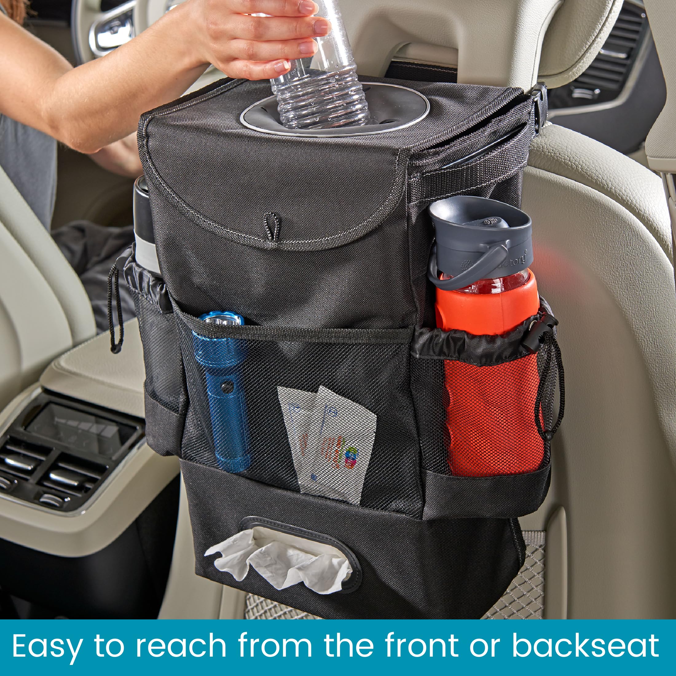 High Road StashAway Large Car Trash Can for Back Seat - Car Garbage Bag With Tissue Holder and Bottle Pockets - Seatback Organizer With 3 Gal Trash Can With Lid for Vans, SUVs and Trucks - Image 3