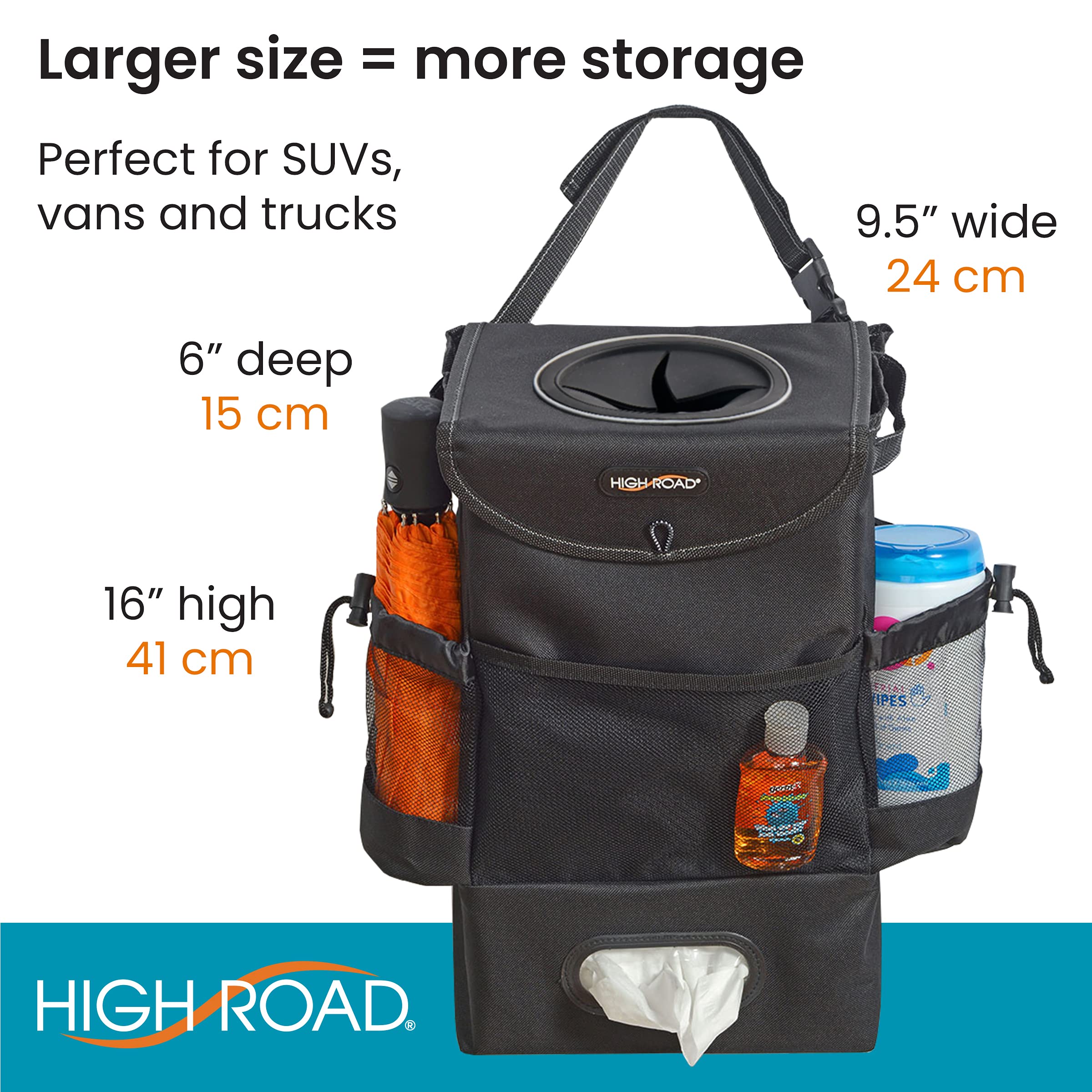 High Road StashAway Large Car Trash Can for Back Seat - Car Garbage Bag With Tissue Holder and Bottle Pockets - Seatback Organizer With 3 Gal Trash Can With Lid for Vans, SUVs and Trucks - Image 6