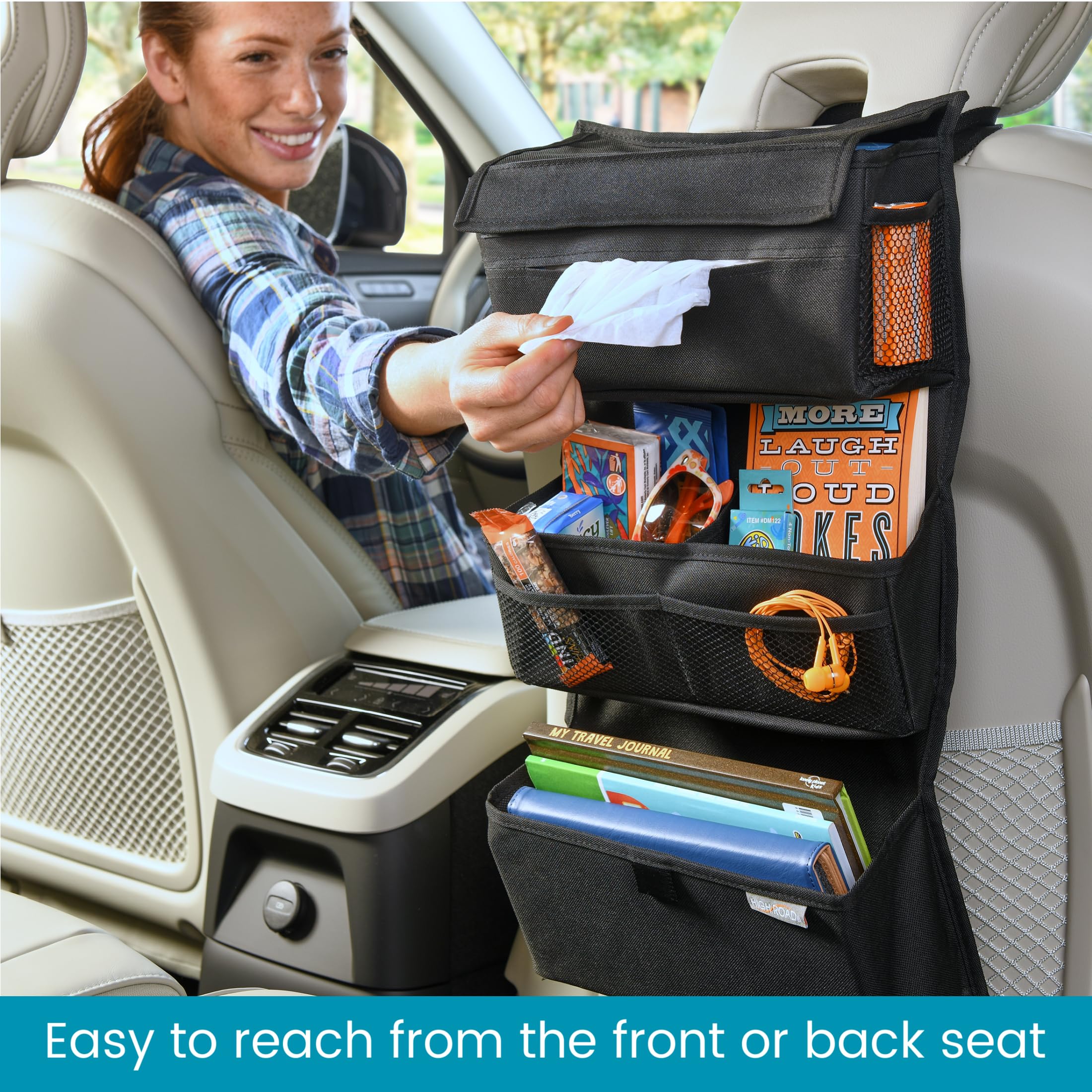 High Road Storage Organizer with Car Tissue Box Holder and Multipurpose Pockets - Back of the Seat or Front Seat Organizer for Driving Essentials - Slim and Compact Car Storage for All Vehicles - Image 3
