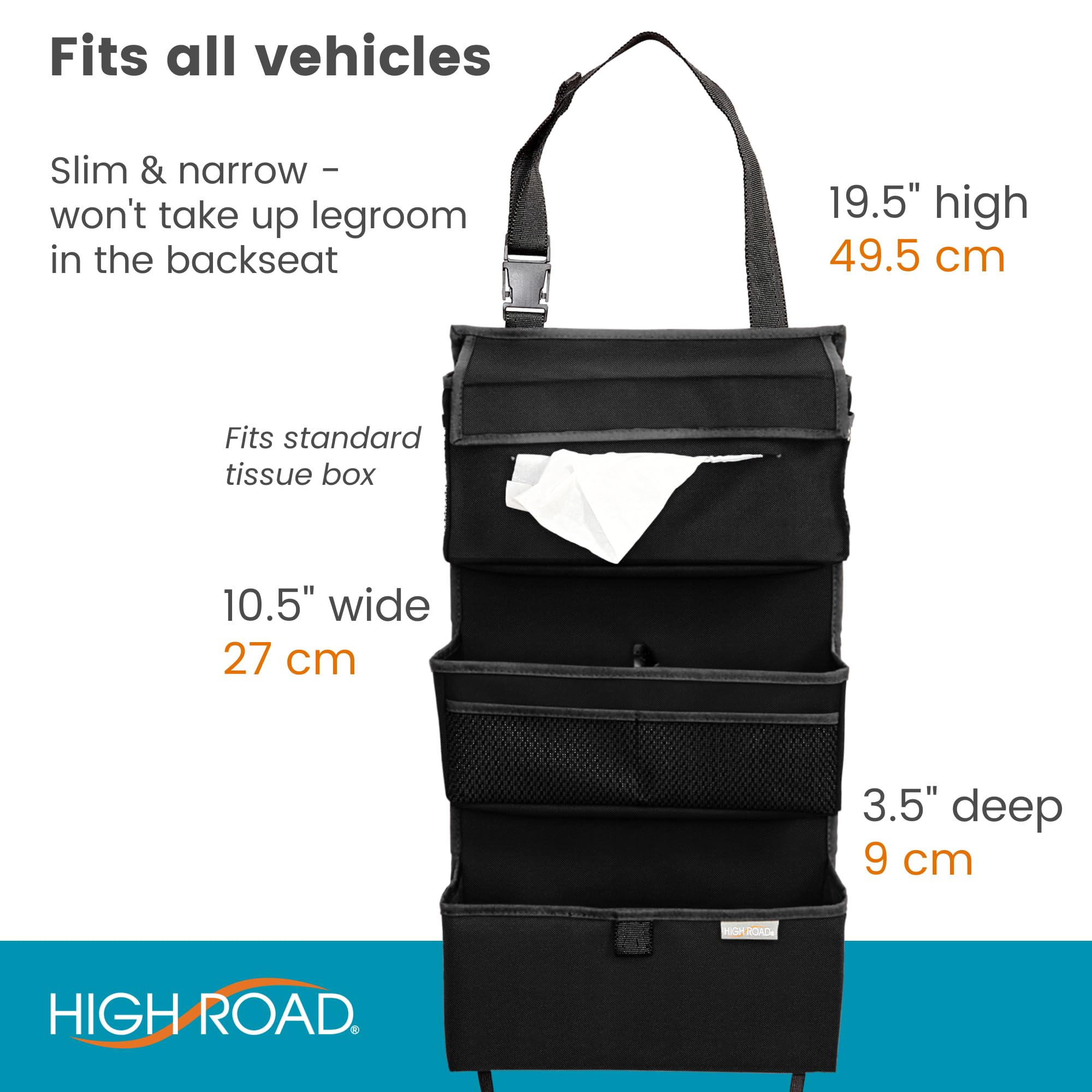 High Road Storage Organizer with Car Tissue Box Holder and Multipurpose Pockets - Back of the Seat or Front Seat Organizer for Driving Essentials - Slim and Compact Car Storage for All Vehicles - Image 6