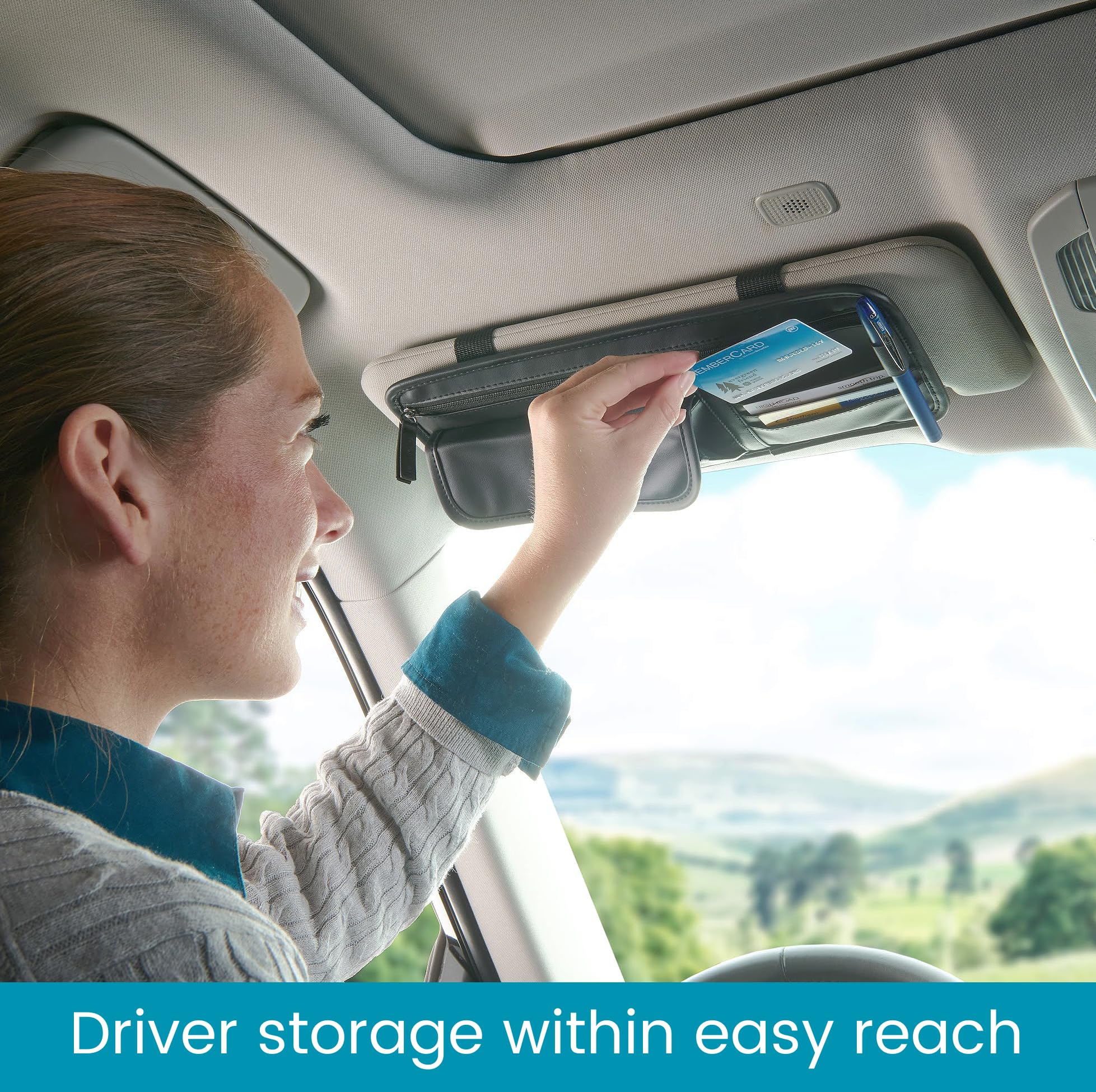 High Road Sun Visor Organizer with Sunglass Holder for Car - Faux Leather Glasses Holder for Car or Truck with Card Pockets and Zippered Compartment for Documents and Receipts - Image 3