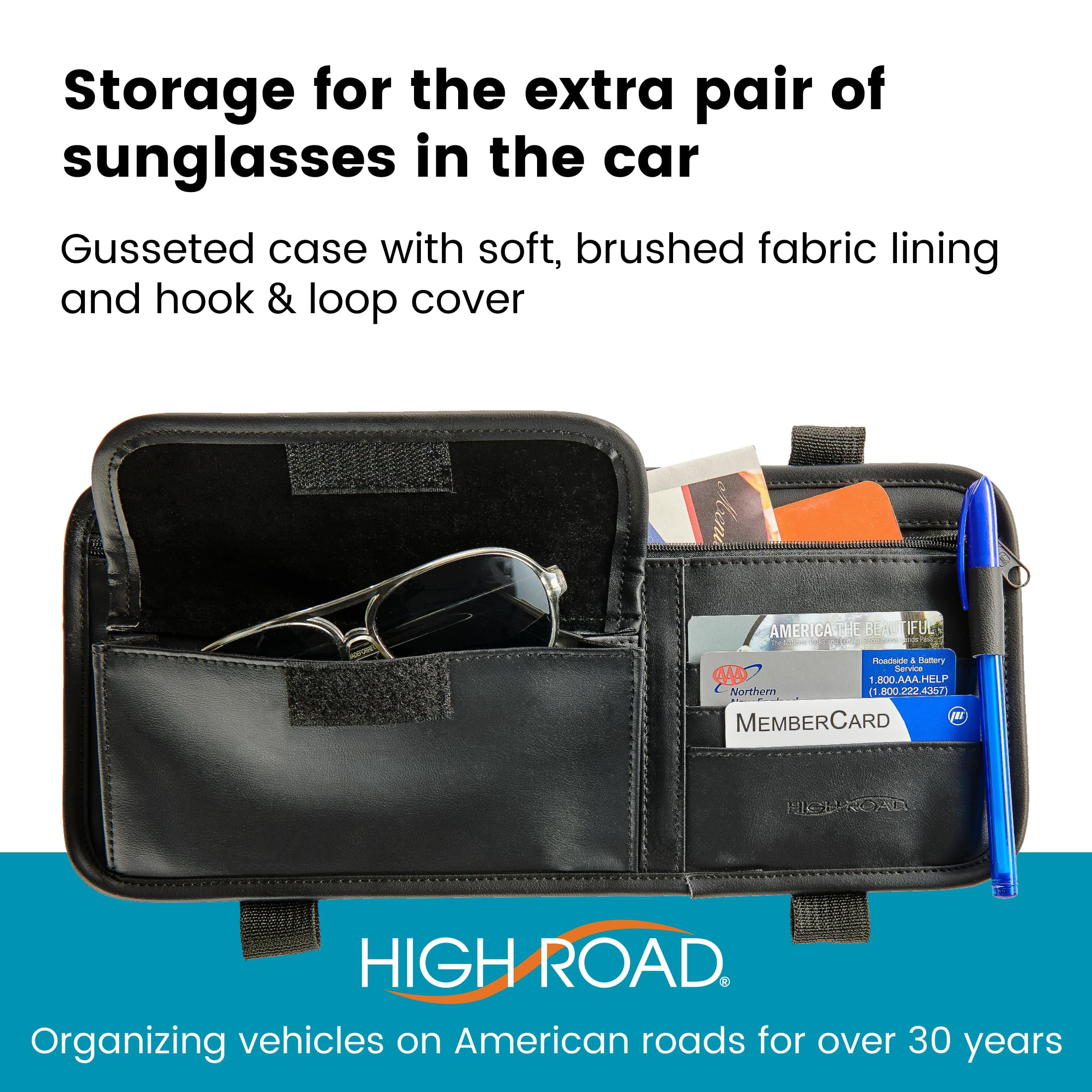 High Road Sun Visor Organizer with Sunglass Holder for Car - Faux Leather Glasses Holder for Car or Truck with Card Pockets and Zippered Compartment for Documents and Receipts - Image 4