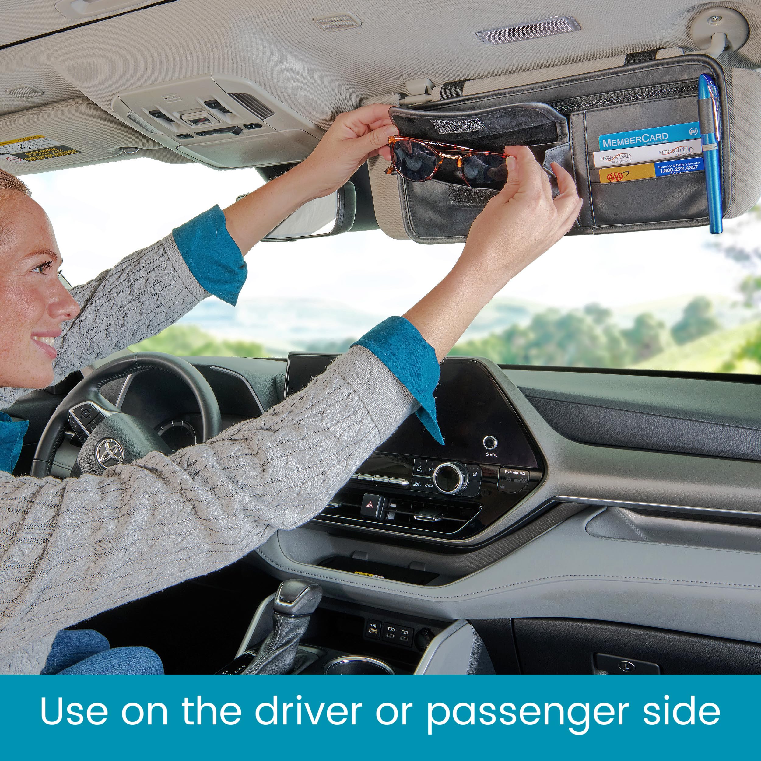 High Road Sun Visor Organizer with Sunglass Holder for Car - Faux Leather Glasses Holder for Car or Truck with Card Pockets and Zippered Compartment for Documents and Receipts - Image 5