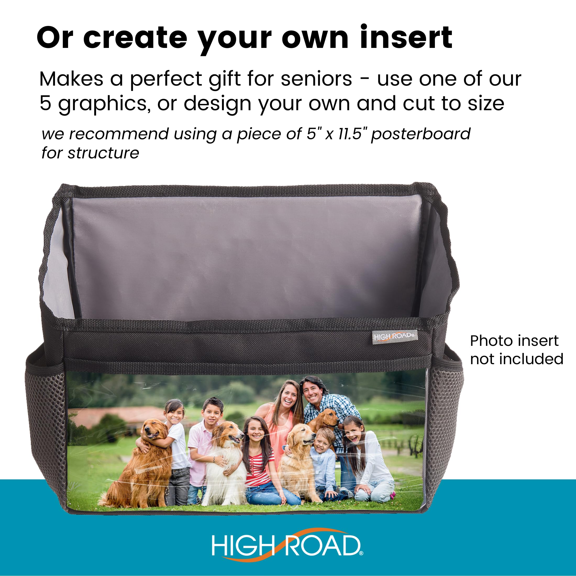 High Road Walker Bag with Clear Front Storage and Photo Pocket - Walker Basket for Folding Walker with Insulating Neoprene Cup Holder, 4 Storage Pockets and 5 Decorative Picture Inserts - Image 5