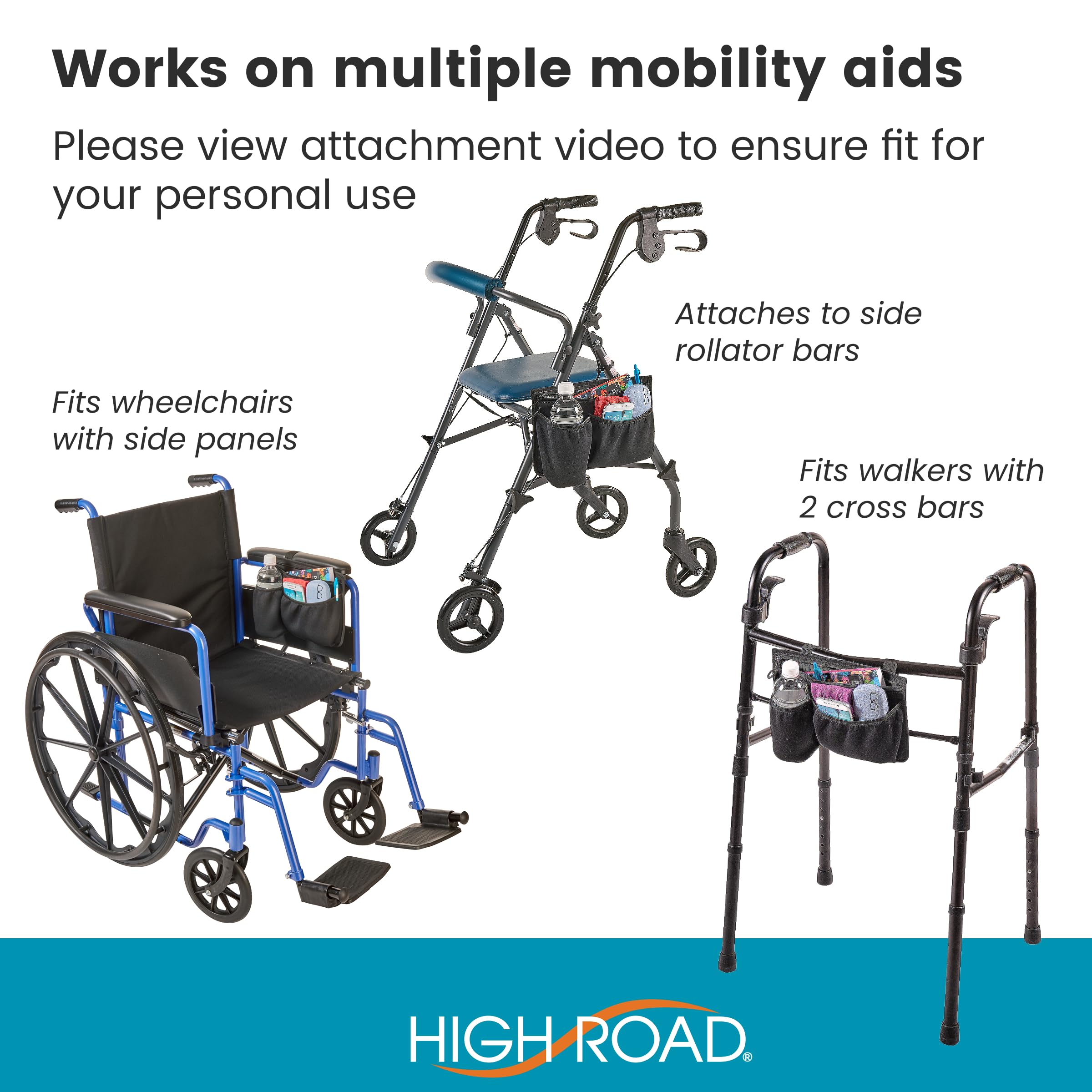 High Road Wheelchair Side Bag with Cup Holder Pocket - Stretch Neoprene Walker and Wheelchair Pouch with Insulating Wheelchair Bottle Holder and 2 Storage Pockets - Image 3