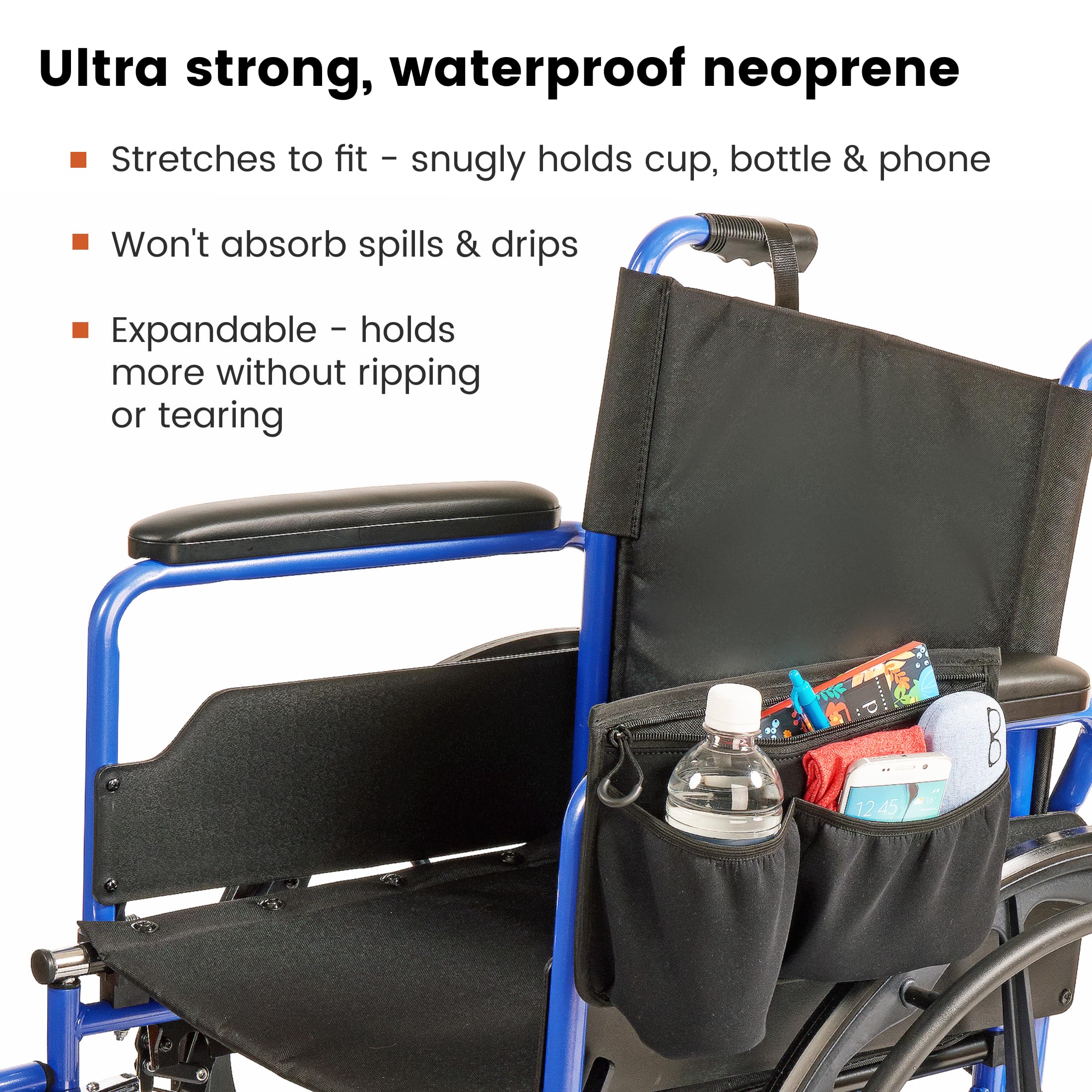 High Road Wheelchair Side Bag with Cup Holder Pocket - Stretch Neoprene Walker and Wheelchair Pouch with Insulating Wheelchair Bottle Holder and 2 Storage Pockets - Image 4