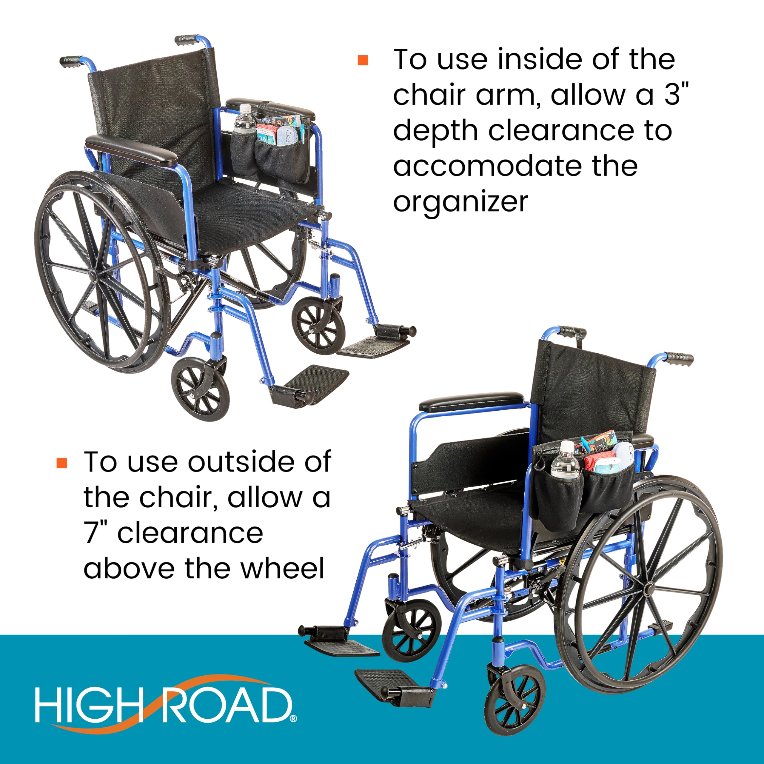 High Road Wheelchair Side Bag with Cup Holder Pocket - Stretch Neoprene Walker and Wheelchair Pouch with Insulating Wheelchair Bottle Holder and 2 Storage Pockets - Image 6