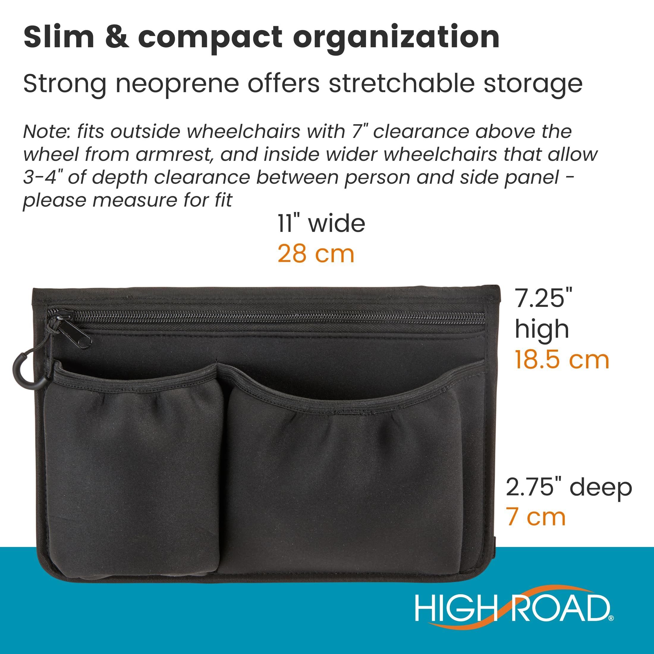 High Road Wheelchair Side Bag with Cup Holder Pocket - Stretch Neoprene Walker and Wheelchair Pouch with Insulating Wheelchair Bottle Holder and 2 Storage Pockets - Image 7